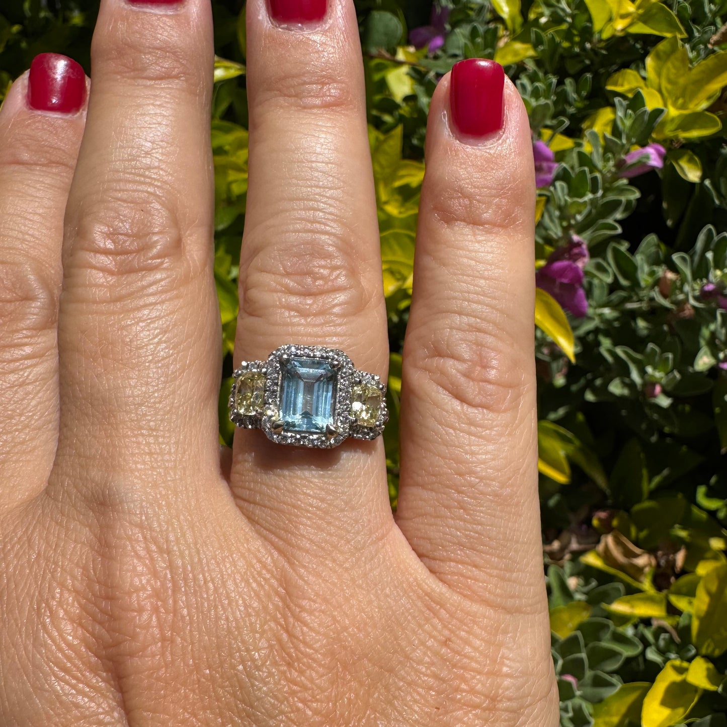 14K Gold Ring Set with Aquamarine & Yellow Diamonds & Diamonds