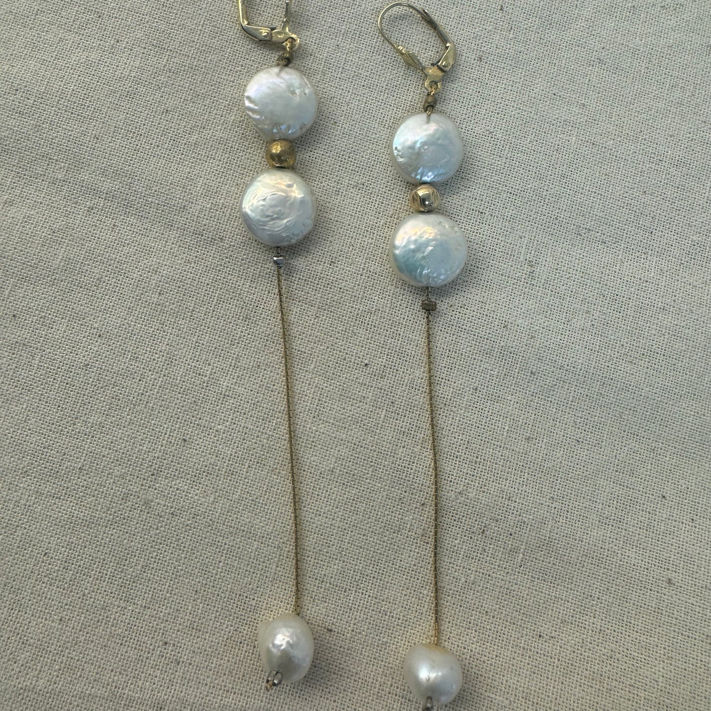 14K gold long drop earrings set lustrous coin pearls and baroque pearl drops