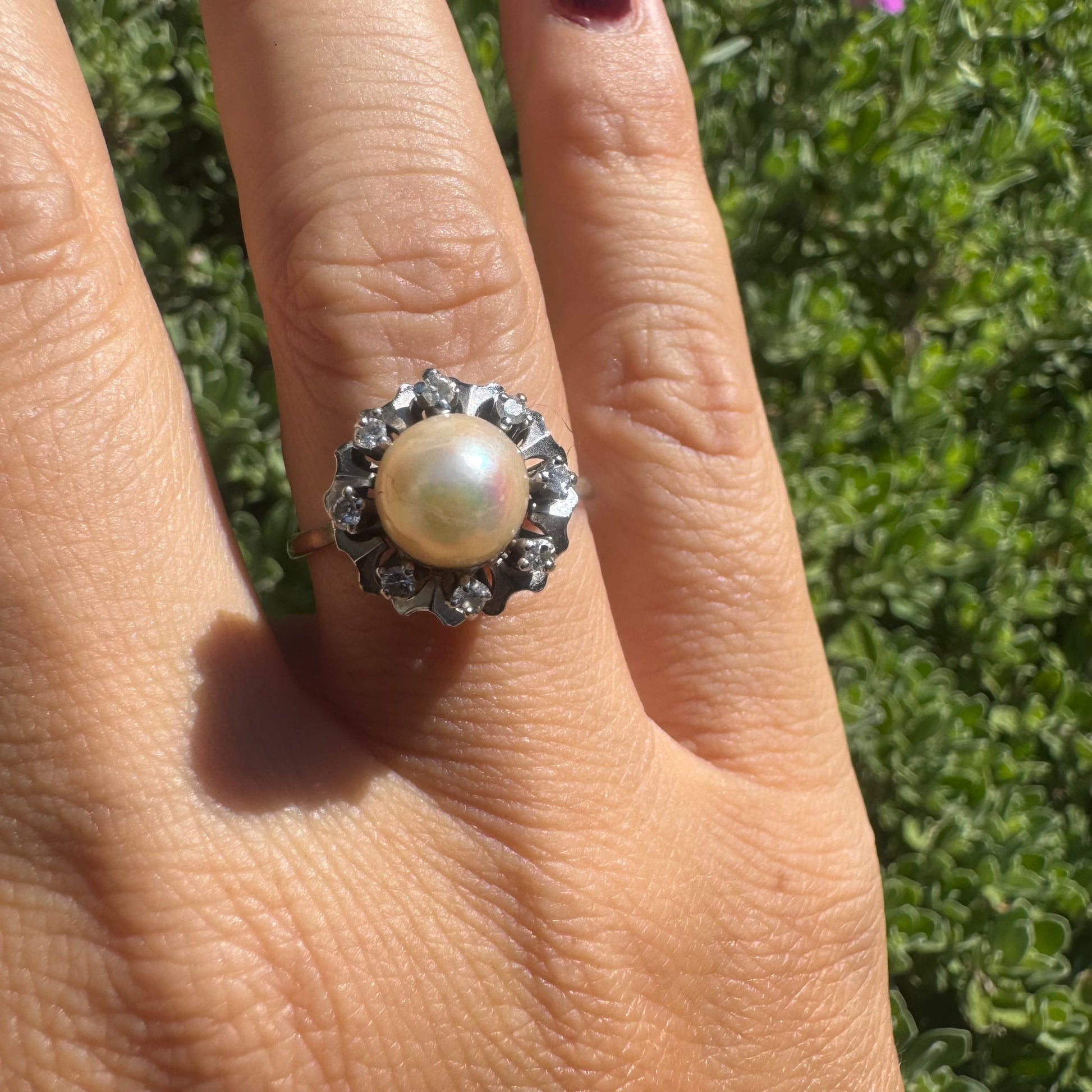 טבעת זהב לבן 18 קראט משובצת פנינה עגולה במרכז וסביבה משובצים יהלומים