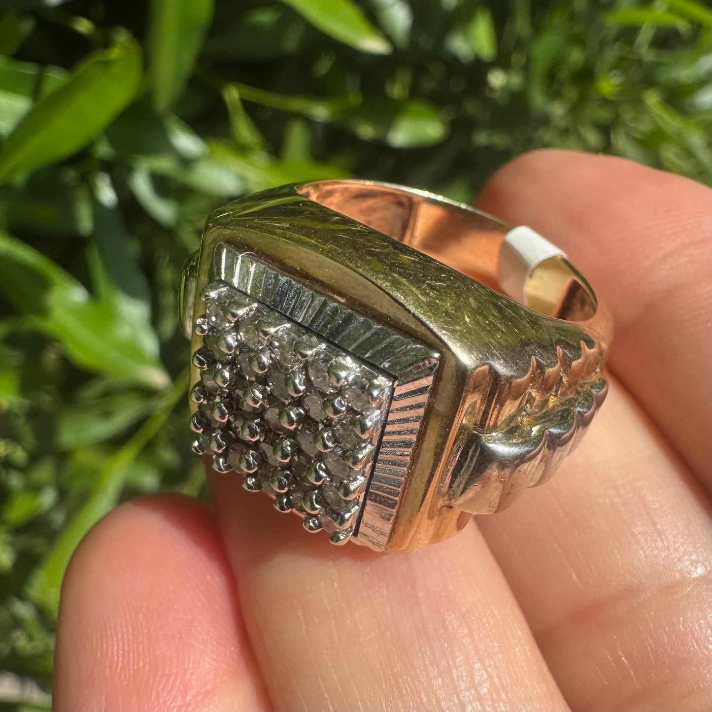 14K gold ring set with brilliant pavé diamonds in a bold square design