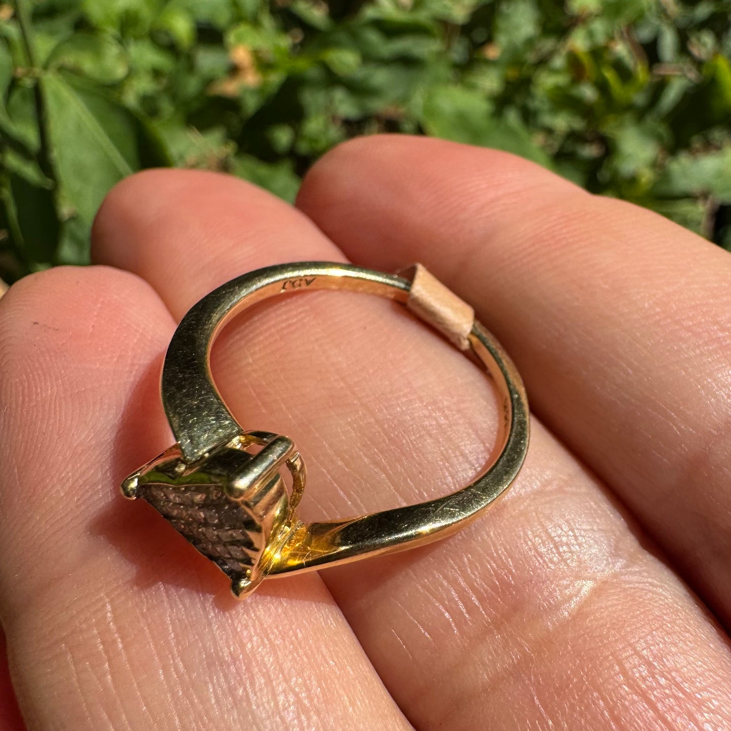 14K gold ring set with a unique triangular centerpiece, pavé-set with sparkling Diamonds