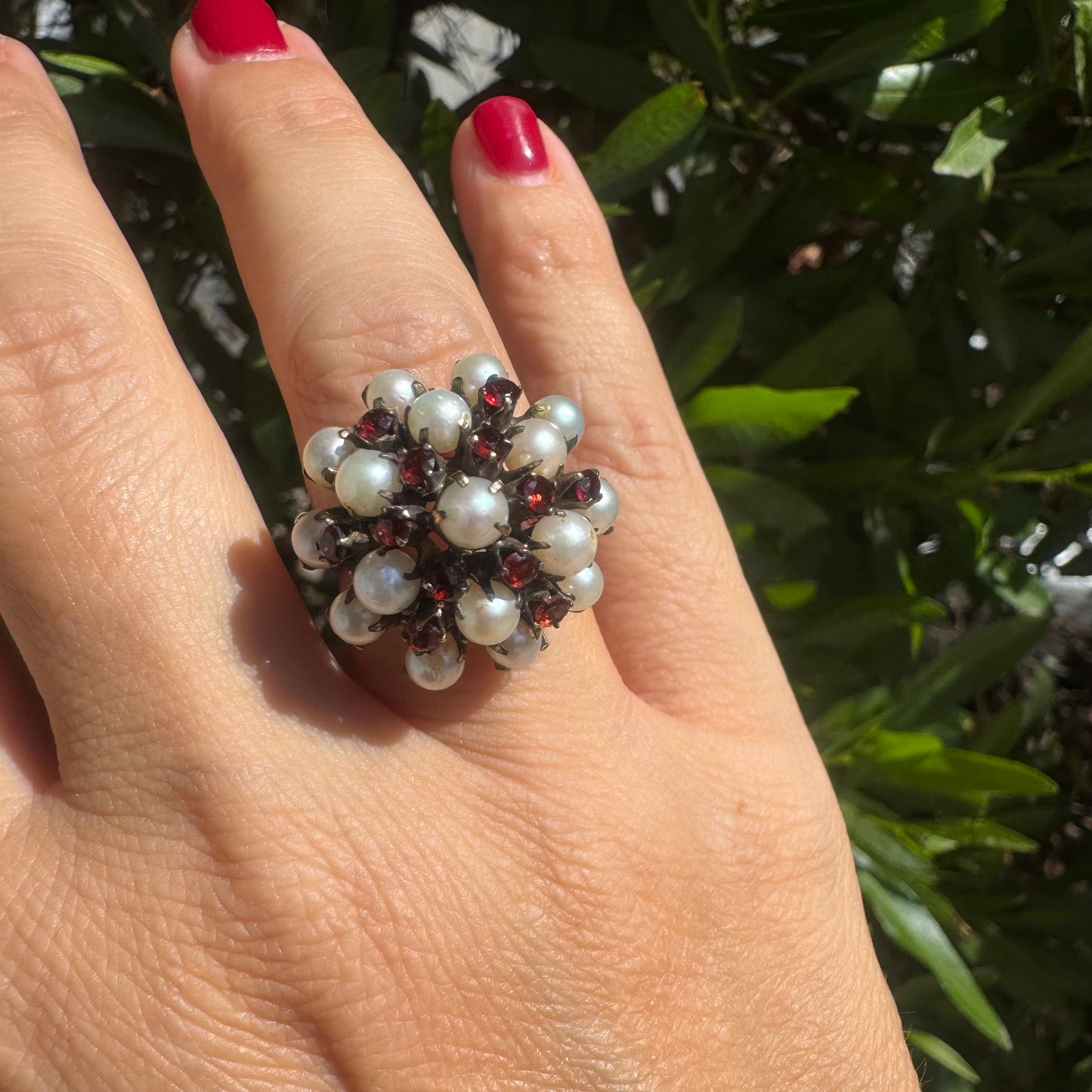 14K gold ring set with Pearls and fiery red Garnets