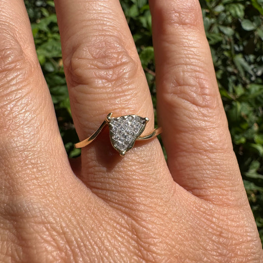 14K gold ring set with a unique triangular centerpiece, pavé-set with sparkling Diamonds
