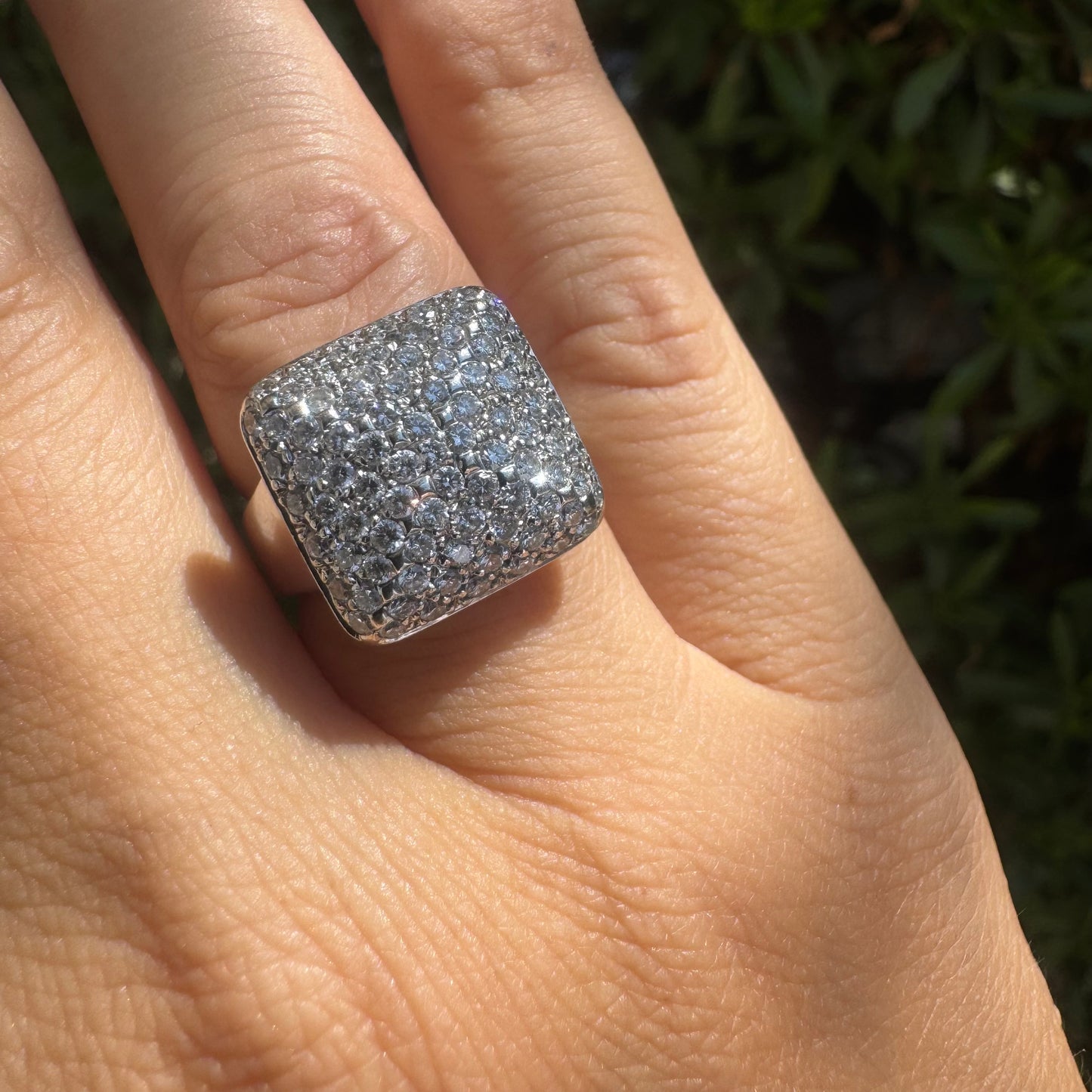 18K gold ring featuring a large square top fully set with sparkling pavé Diamonds, creating a dazzling and elegant statement piece.