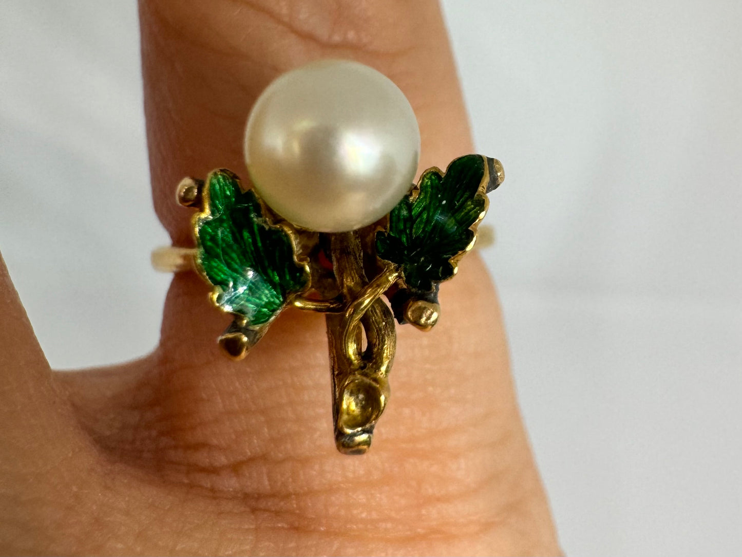 14K gold ring set with Pearl & Green Enamel
