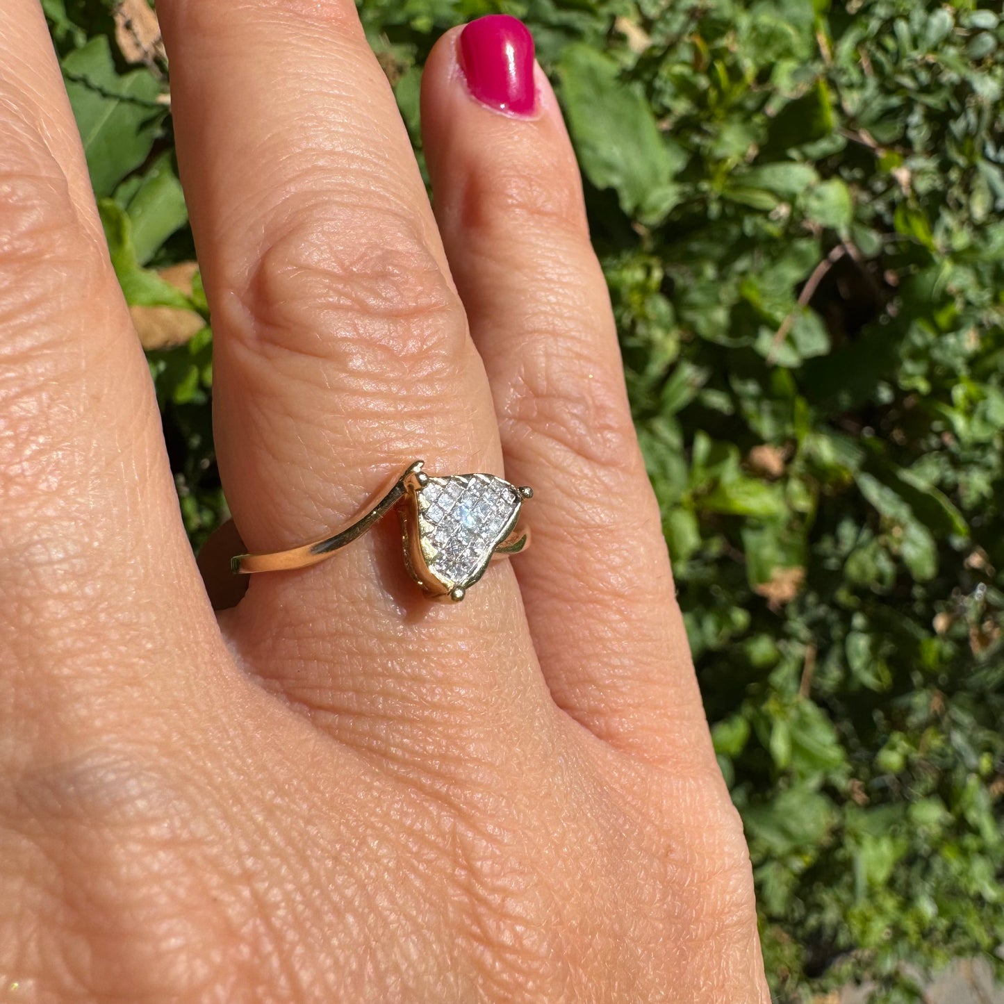 14K gold ring set with a unique triangular centerpiece, pavé-set with sparkling Diamonds