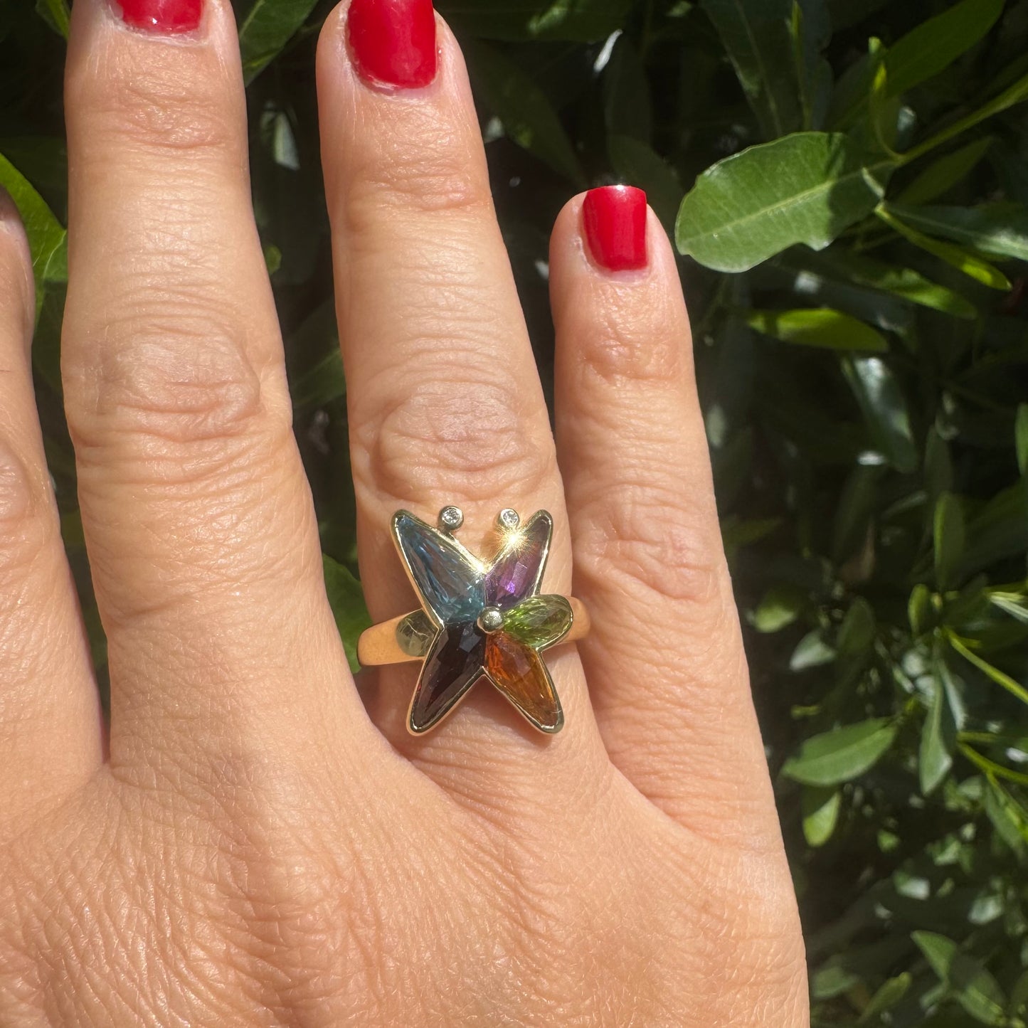 14K gold ring set with colorful gemstones in a butterfly design & Diamonds