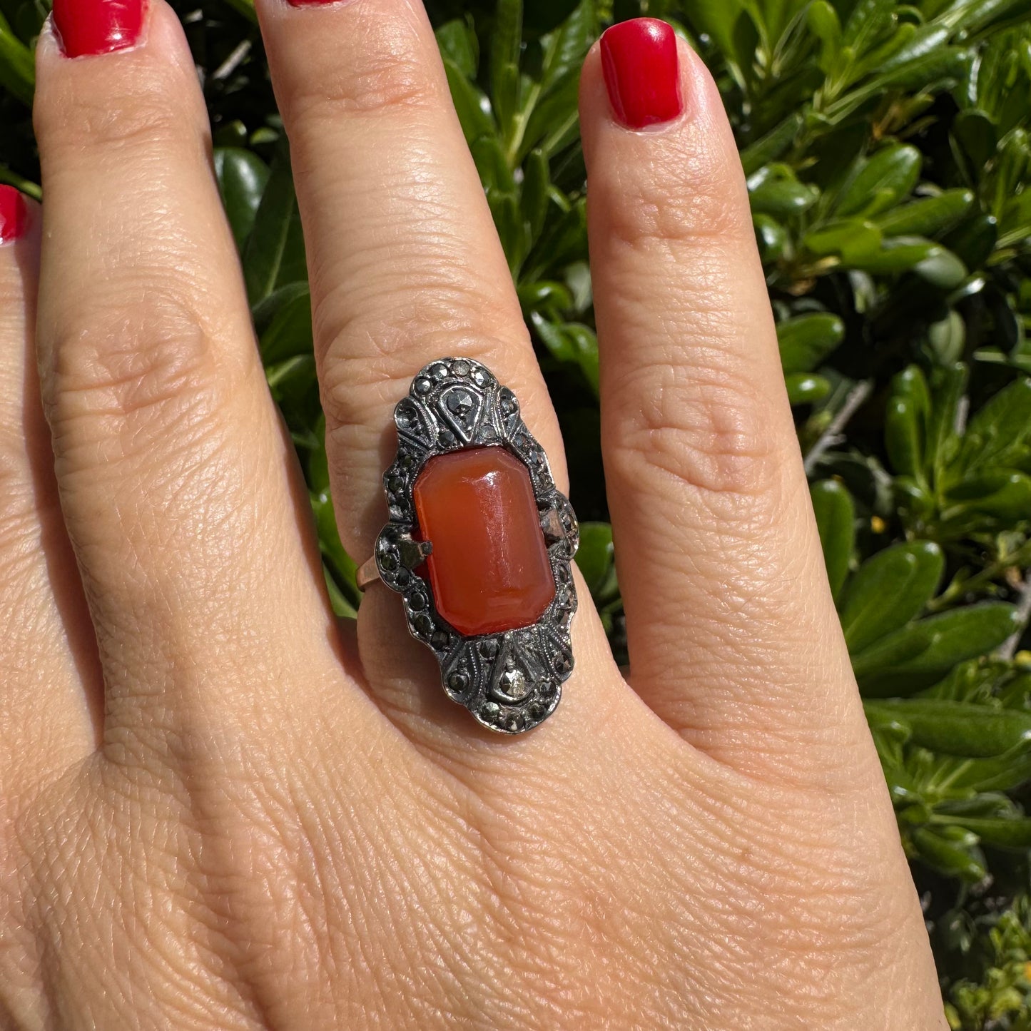 10K gold & Silver ring set with rich orange-red Carnelian & Diamonds