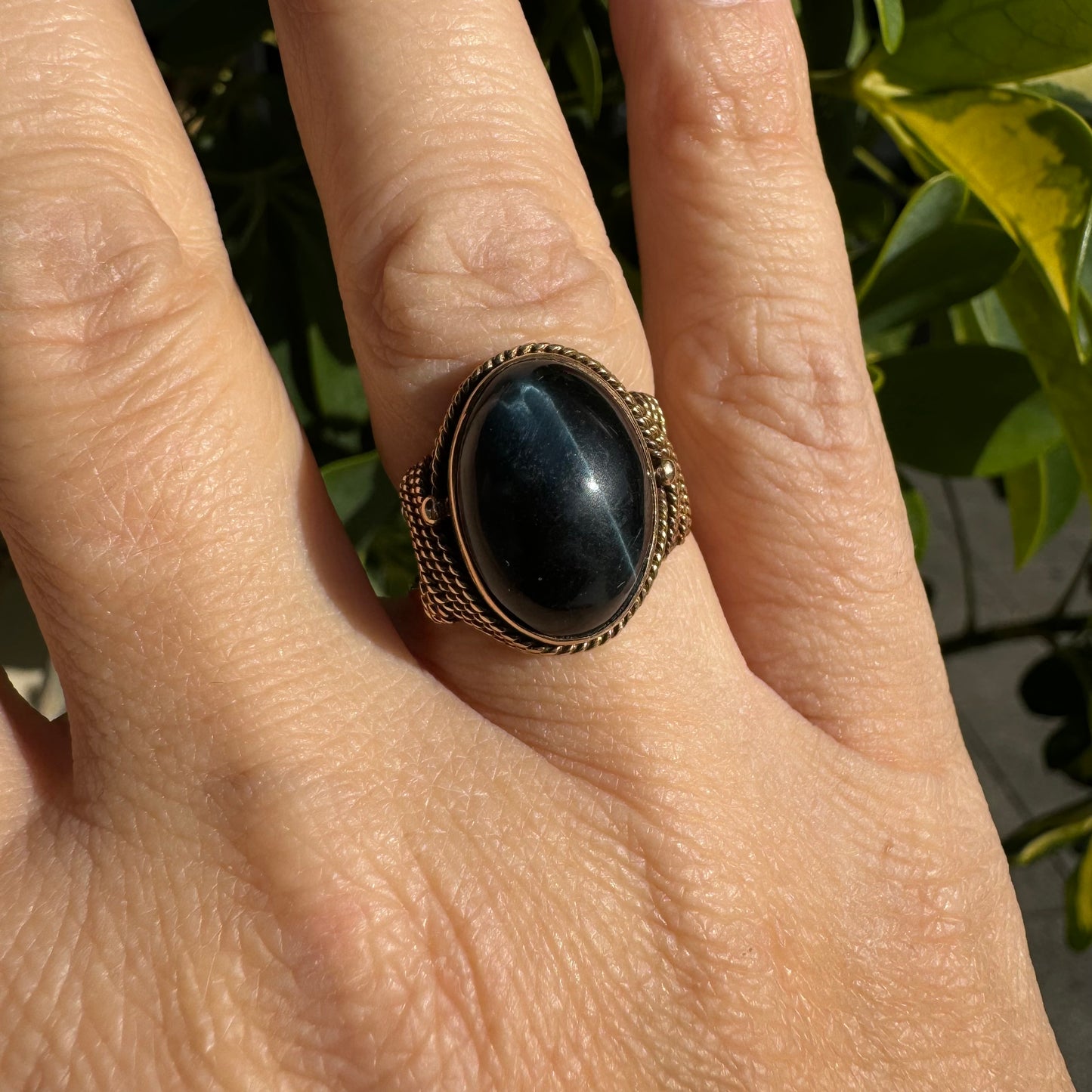 14K gold ring set with Black Jade