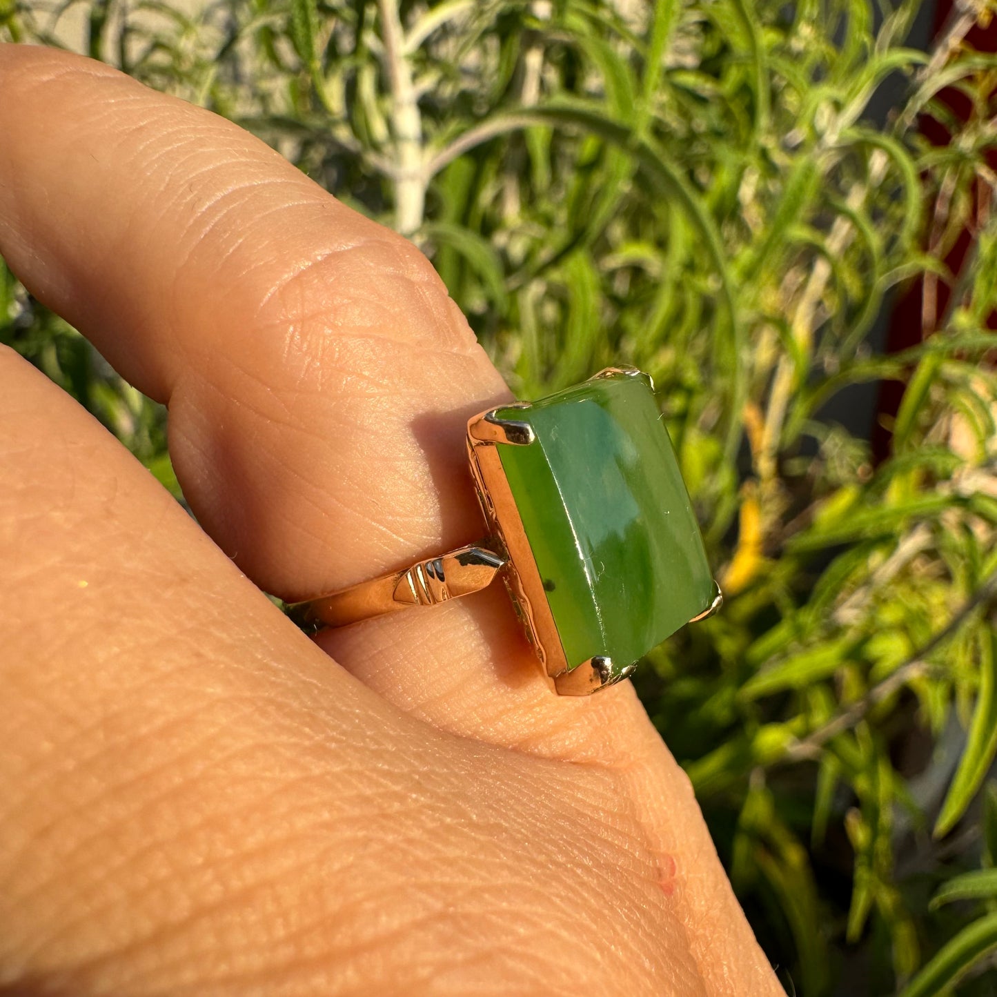 14K gold ring set with square green Jade