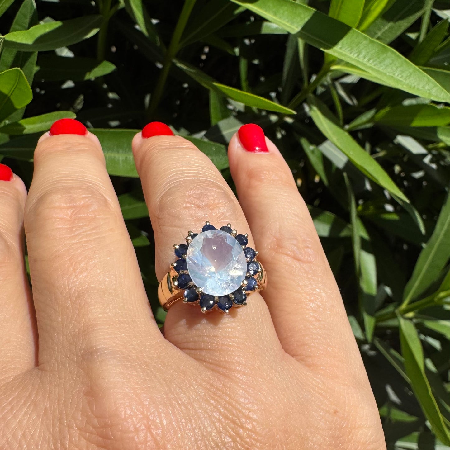 10K gold ring set with Light pink gemstone & Sapphire