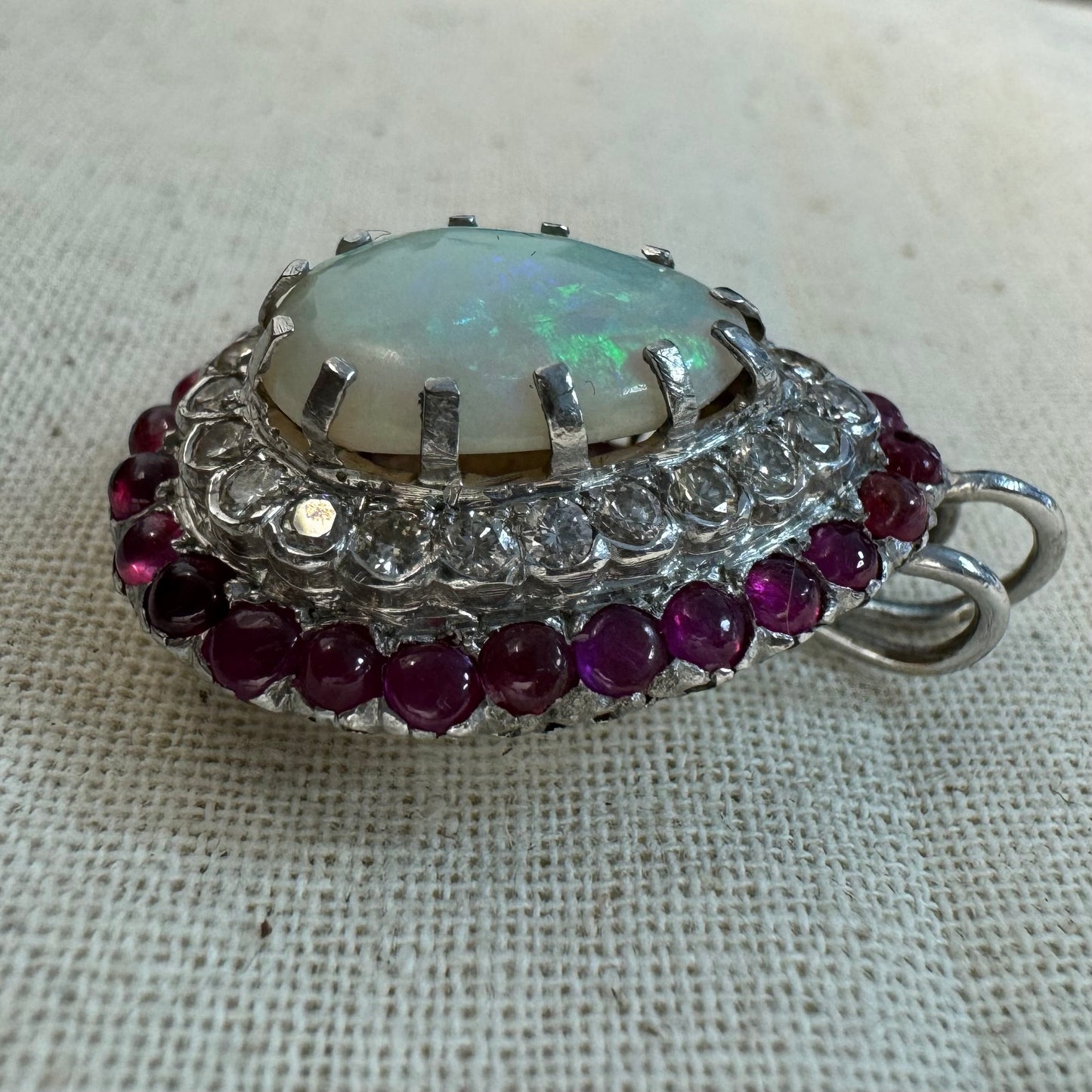 14K gold pendant set with Opal, Diamonds & Ruby