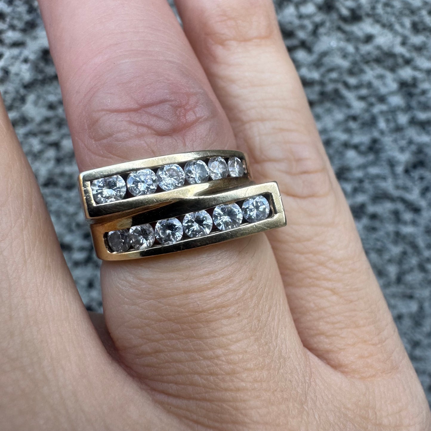 14K gold ring set with two parallel Diamond-set rows
