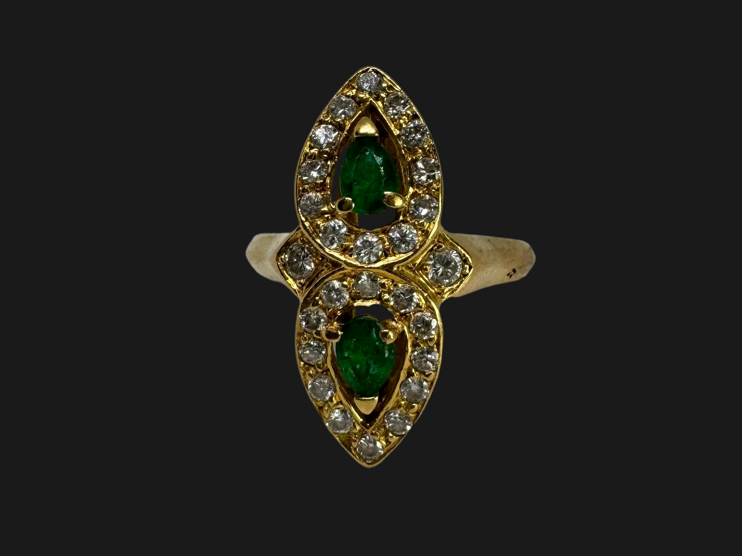 18K gold ring set with two pear-cut Emeralds & Diamonds