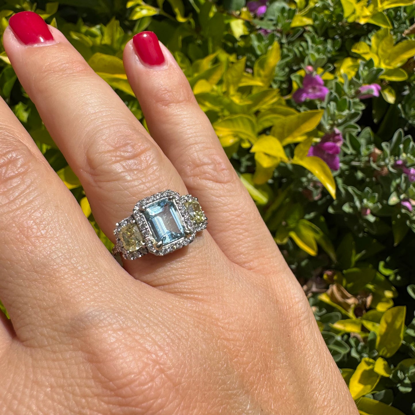 14K Gold Ring Set with Aquamarine & Yellow Diamonds & Diamonds