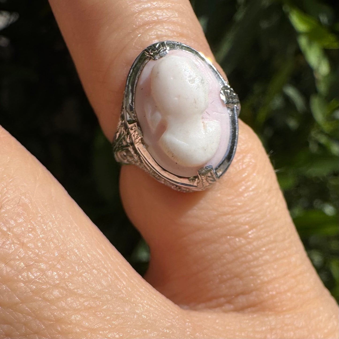 Platinum Cameo Ring set with a soft pink and white portrait
