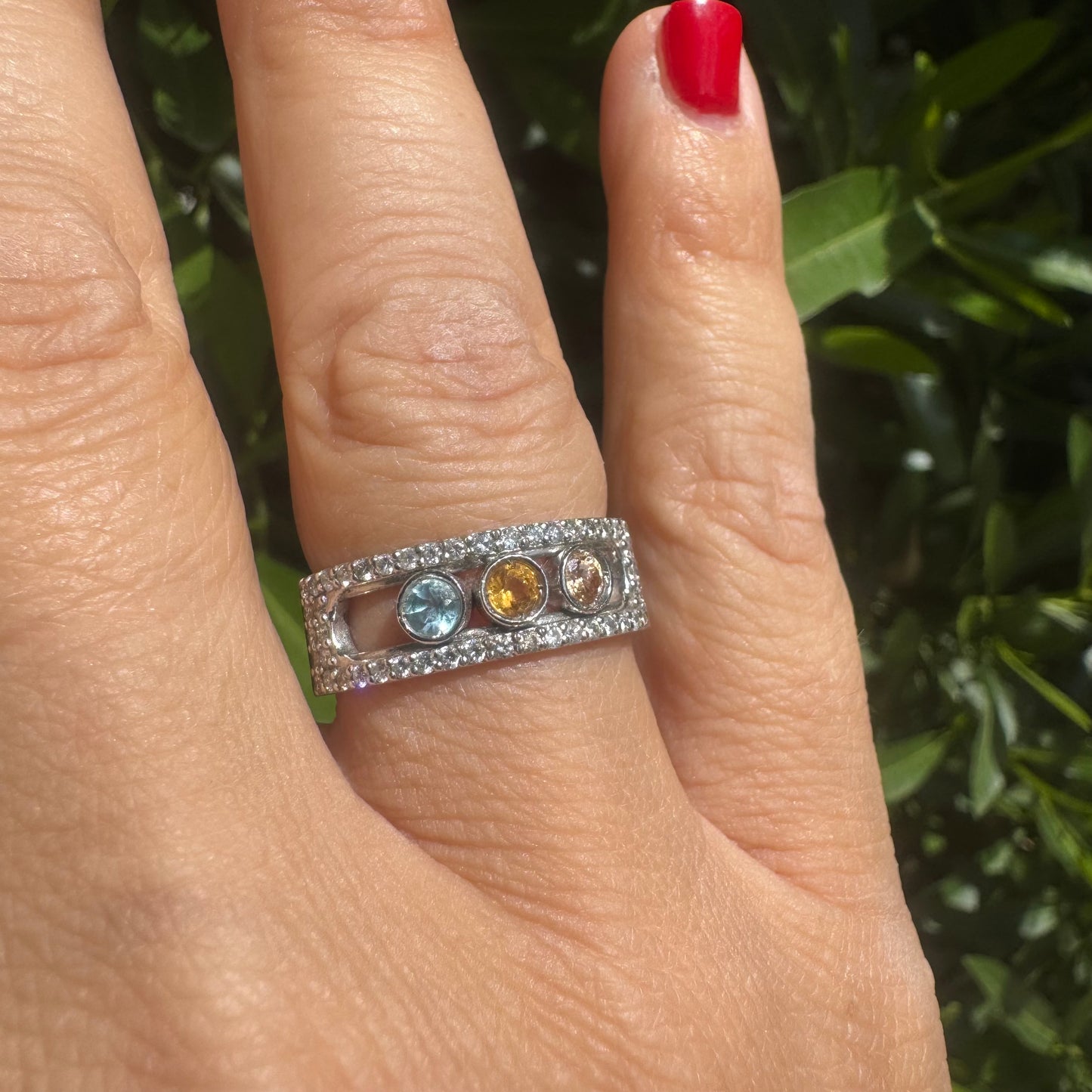 14K gold ring set with Aquamarine, Citrine and Rose Quartz, framed by a pave’ of sparkling diamonds