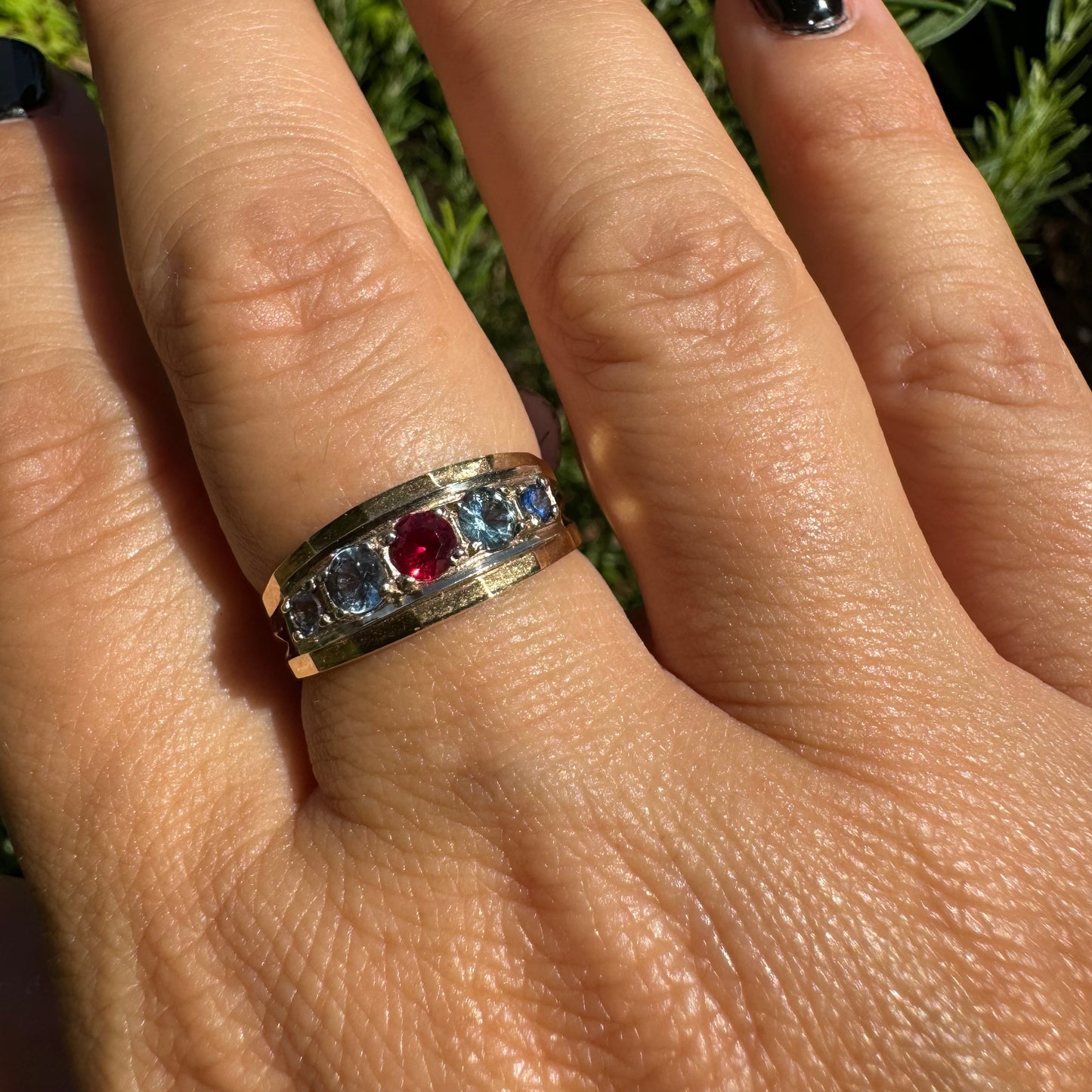 10K gold ring set with three stones-Ruby, Blue Topaz & Sapphire