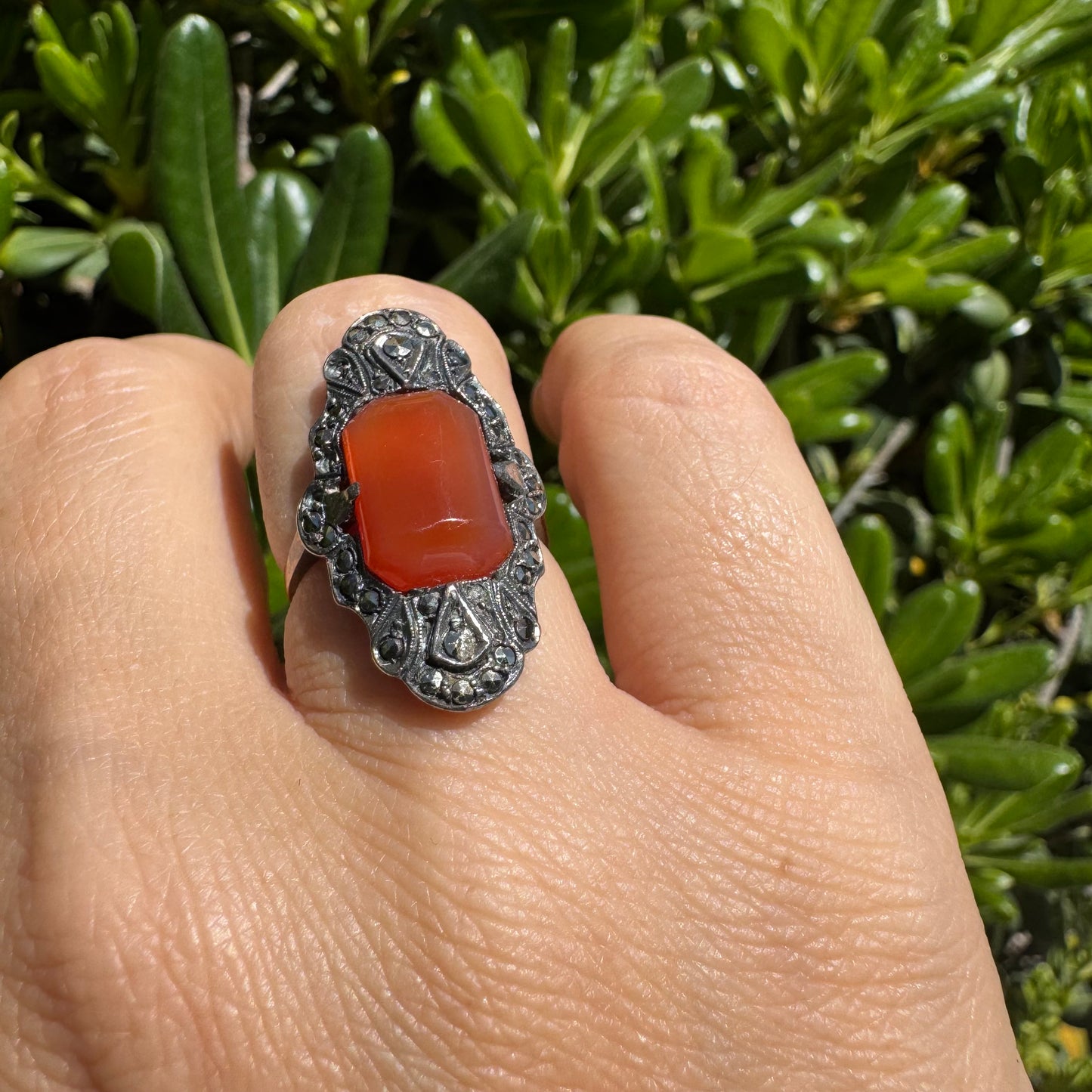 10K gold & Silver ring set with rich orange-red Carnelian & Diamonds