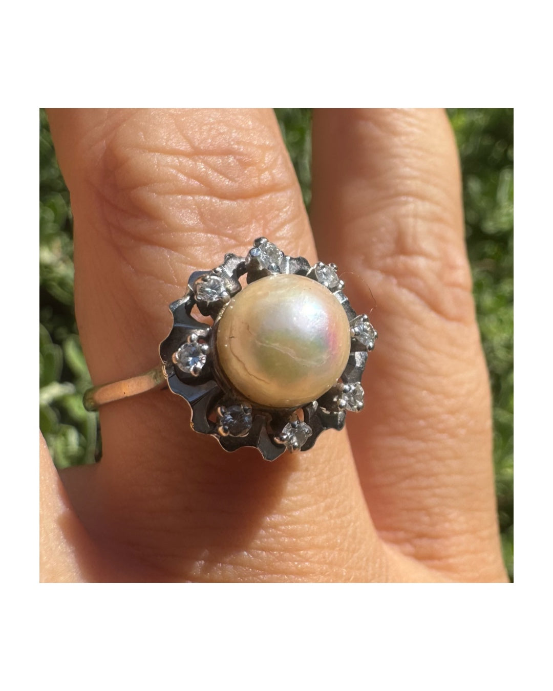 טבעת זהב לבן 18 קראט משובצת פנינה עגולה במרכז וסביבה משובצים יהלומים