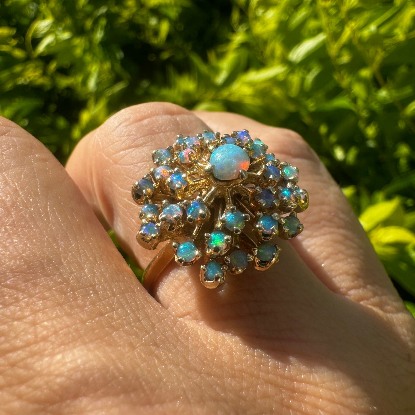14K gold ring set with Opals