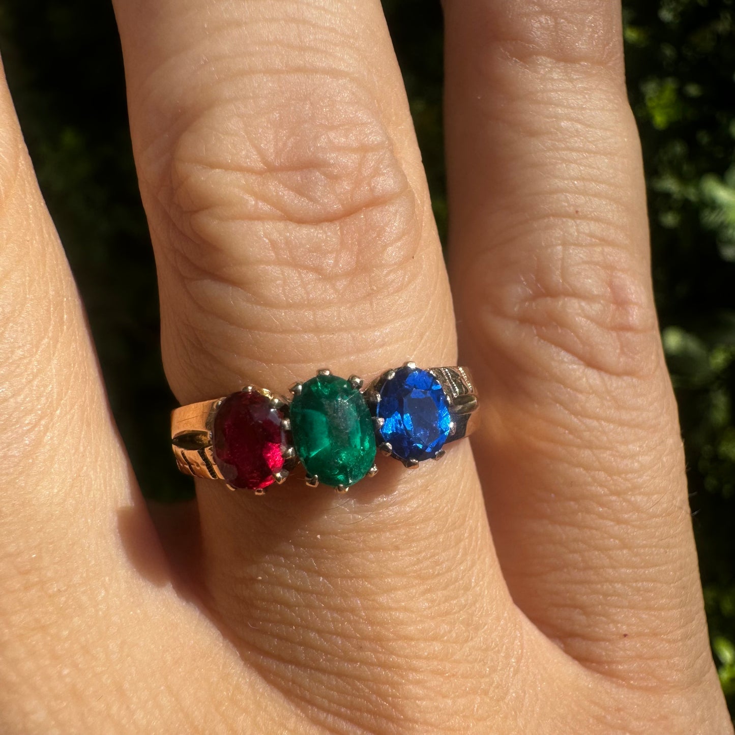14K gold ring set with Ruby, Emerald & Sapphire