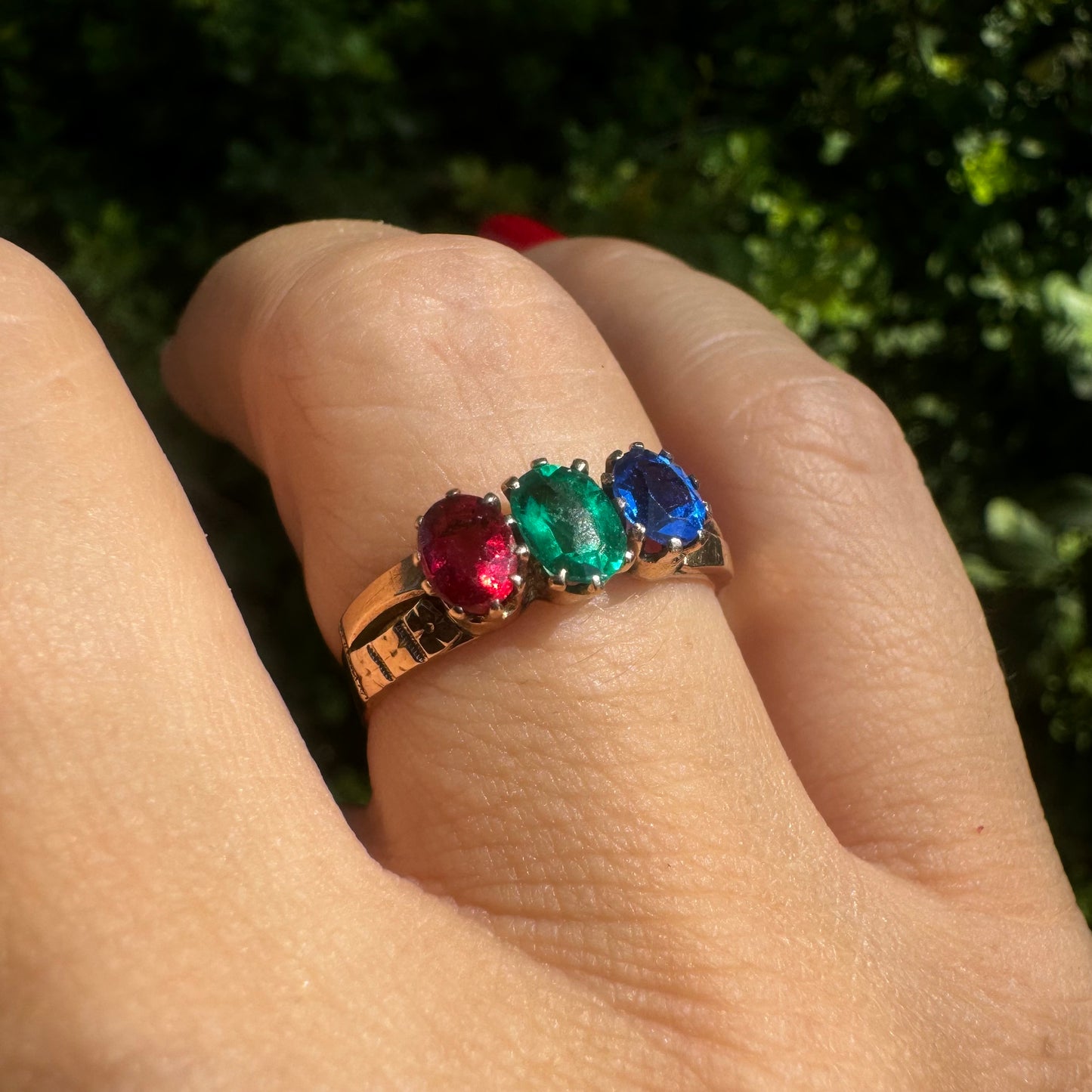 14K gold ring set with Ruby, Emerald & Sapphire