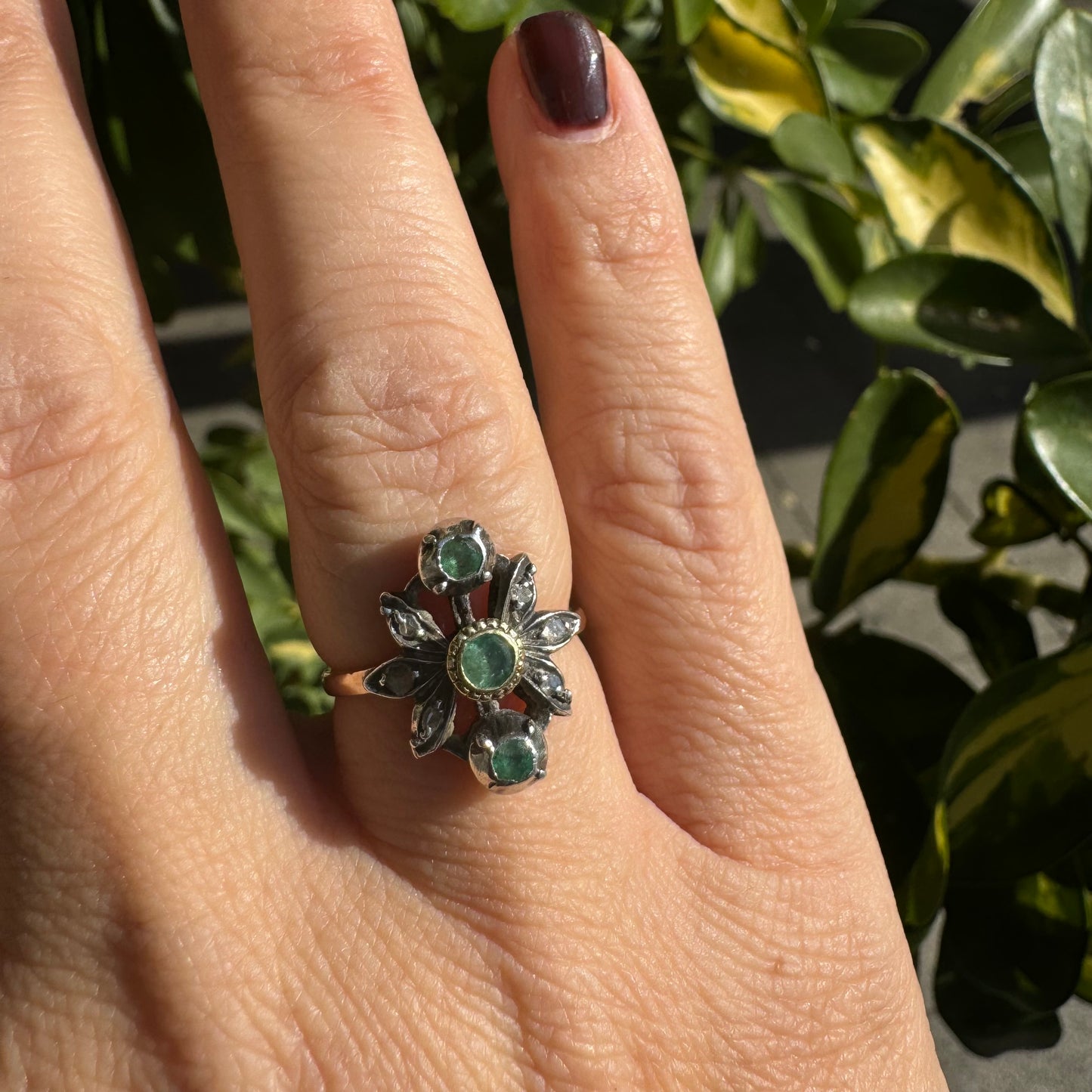 14K gold ring set with Emerald & Diamonds