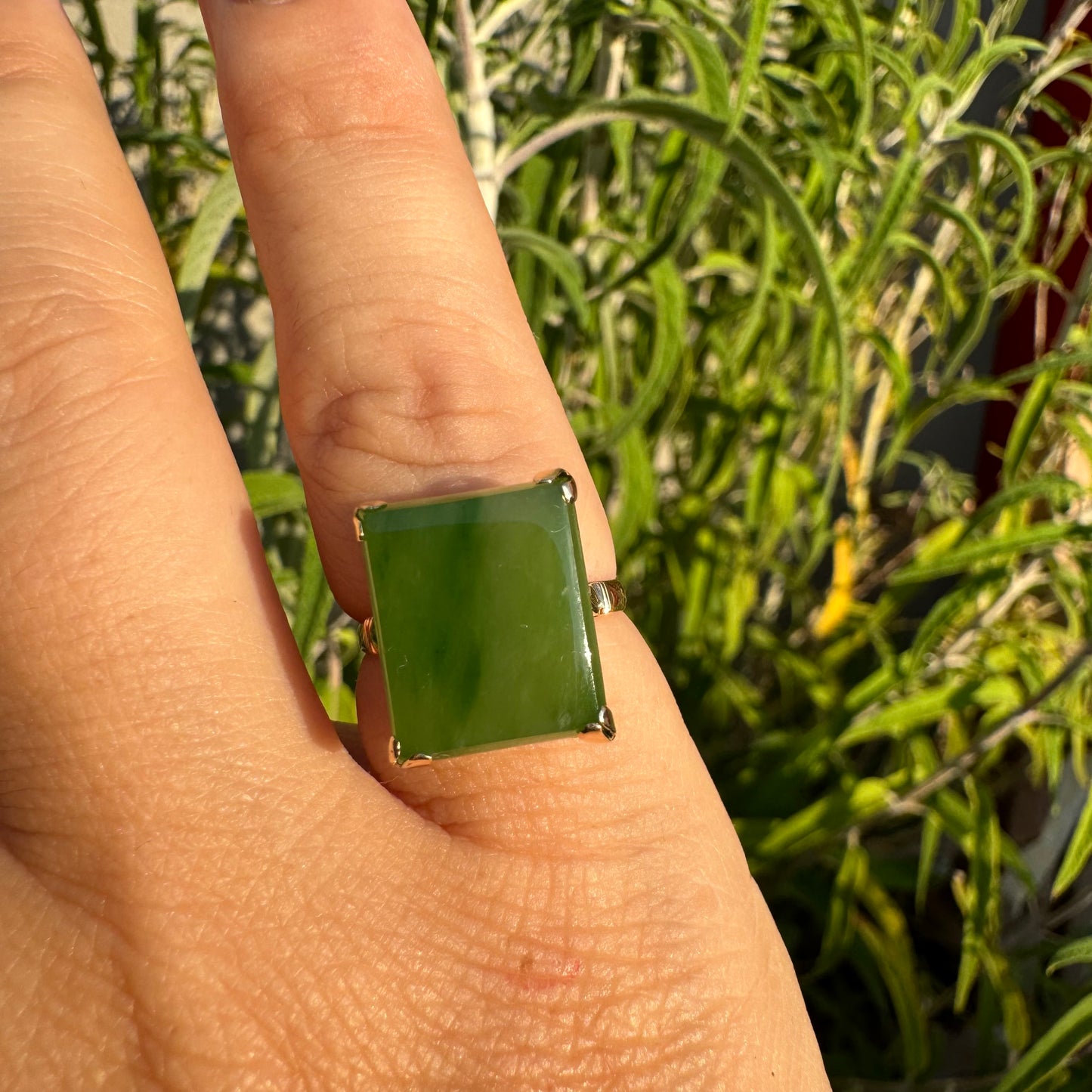 14K gold ring set with square green Jade