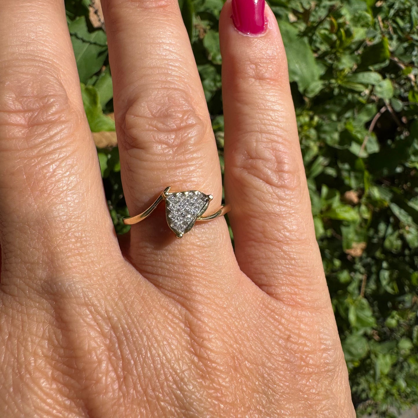 14K gold ring set with a unique triangular centerpiece, pavé-set with sparkling Diamonds