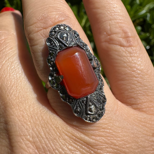10K gold & Silver ring set with rich orange-red Carnelian & Diamonds