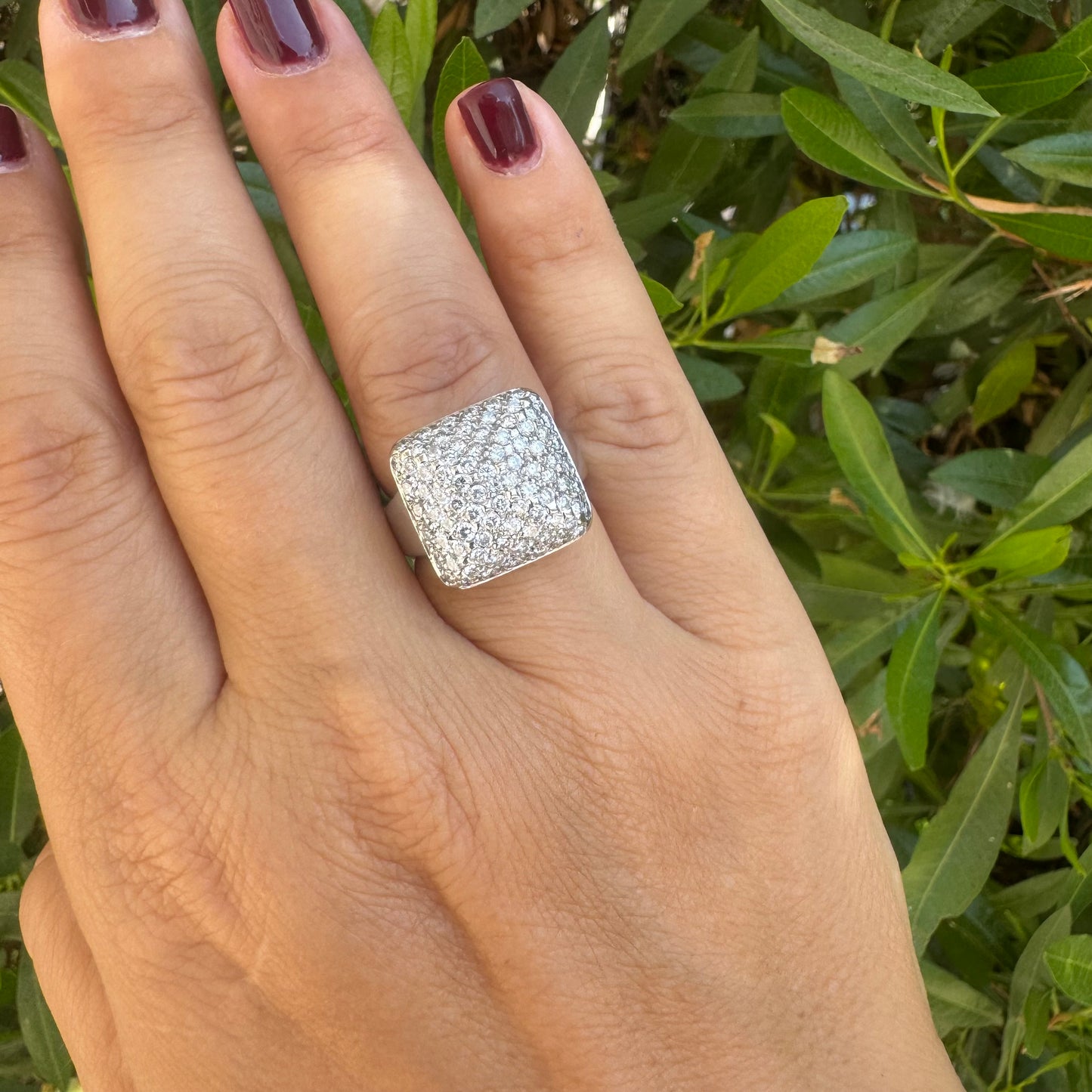 18K gold ring featuring a large square top fully set with sparkling pavé Diamonds, creating a dazzling and elegant statement piece.