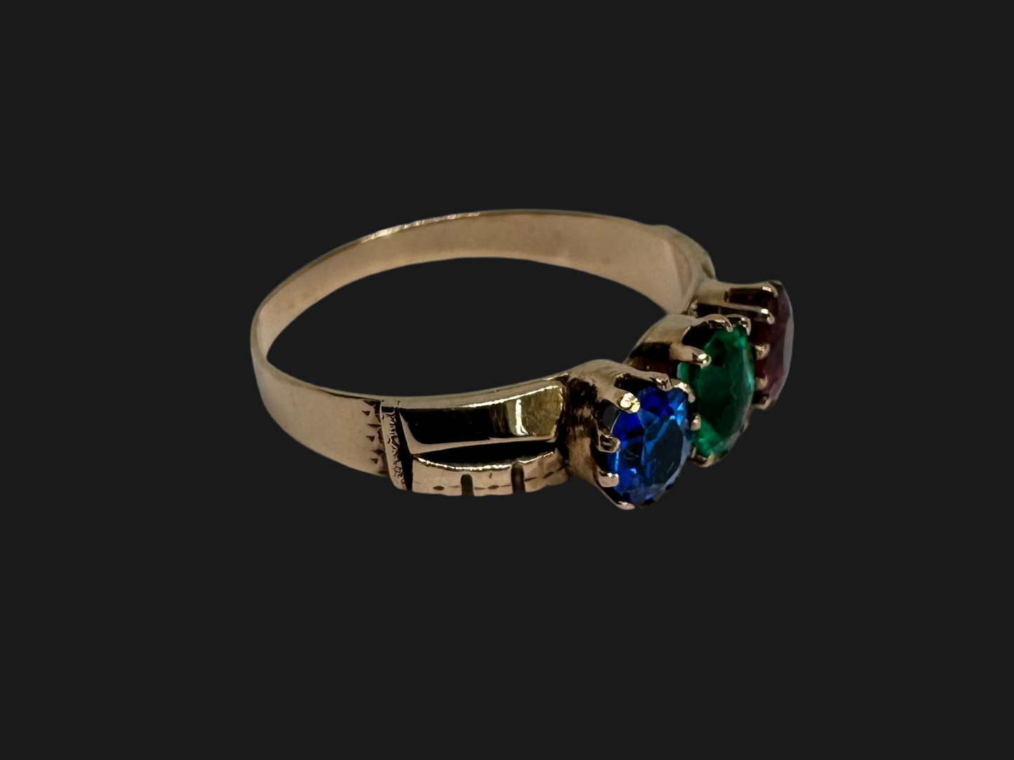 14K gold ring set with Ruby, Emerald & Sapphire