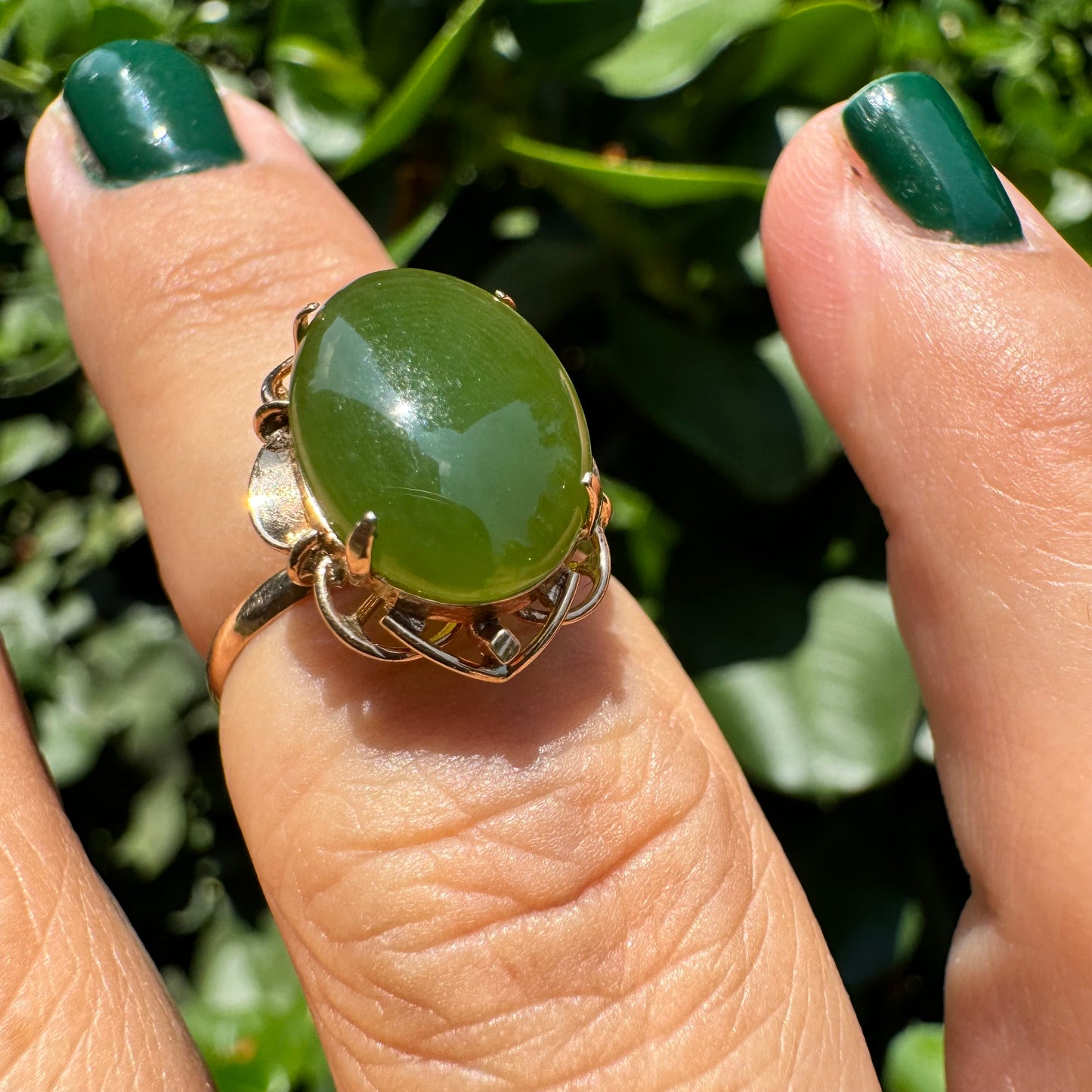 14K gold ring set with green Jade