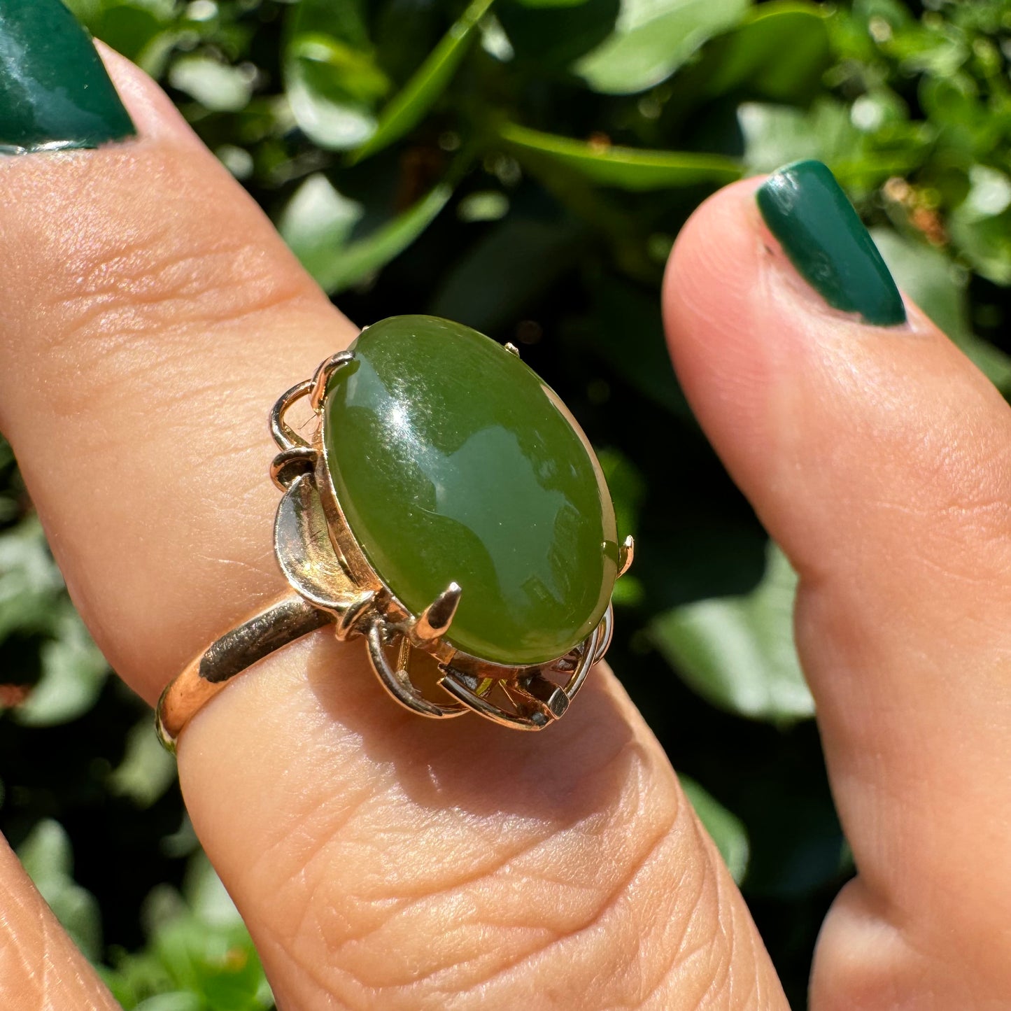 14K gold ring set with green Jade