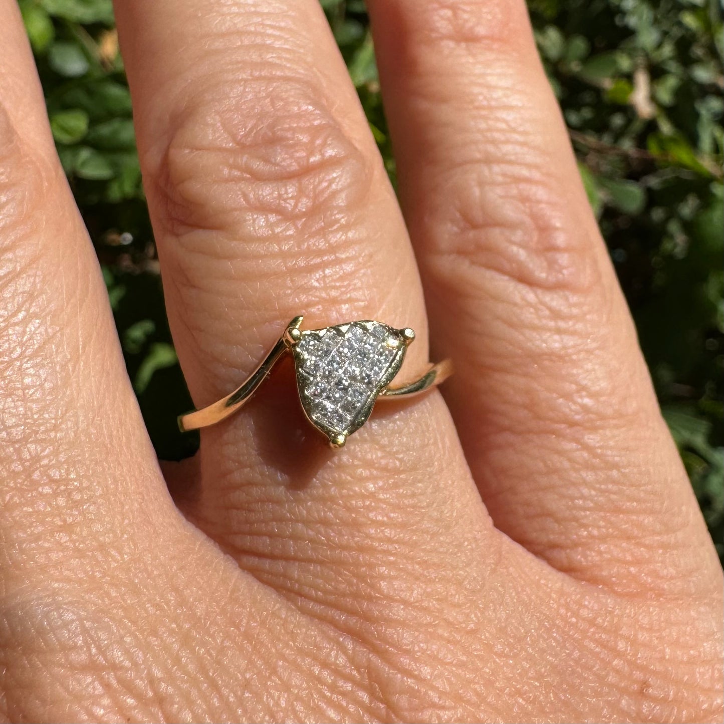 14K gold ring set with a unique triangular centerpiece, pavé-set with sparkling Diamonds