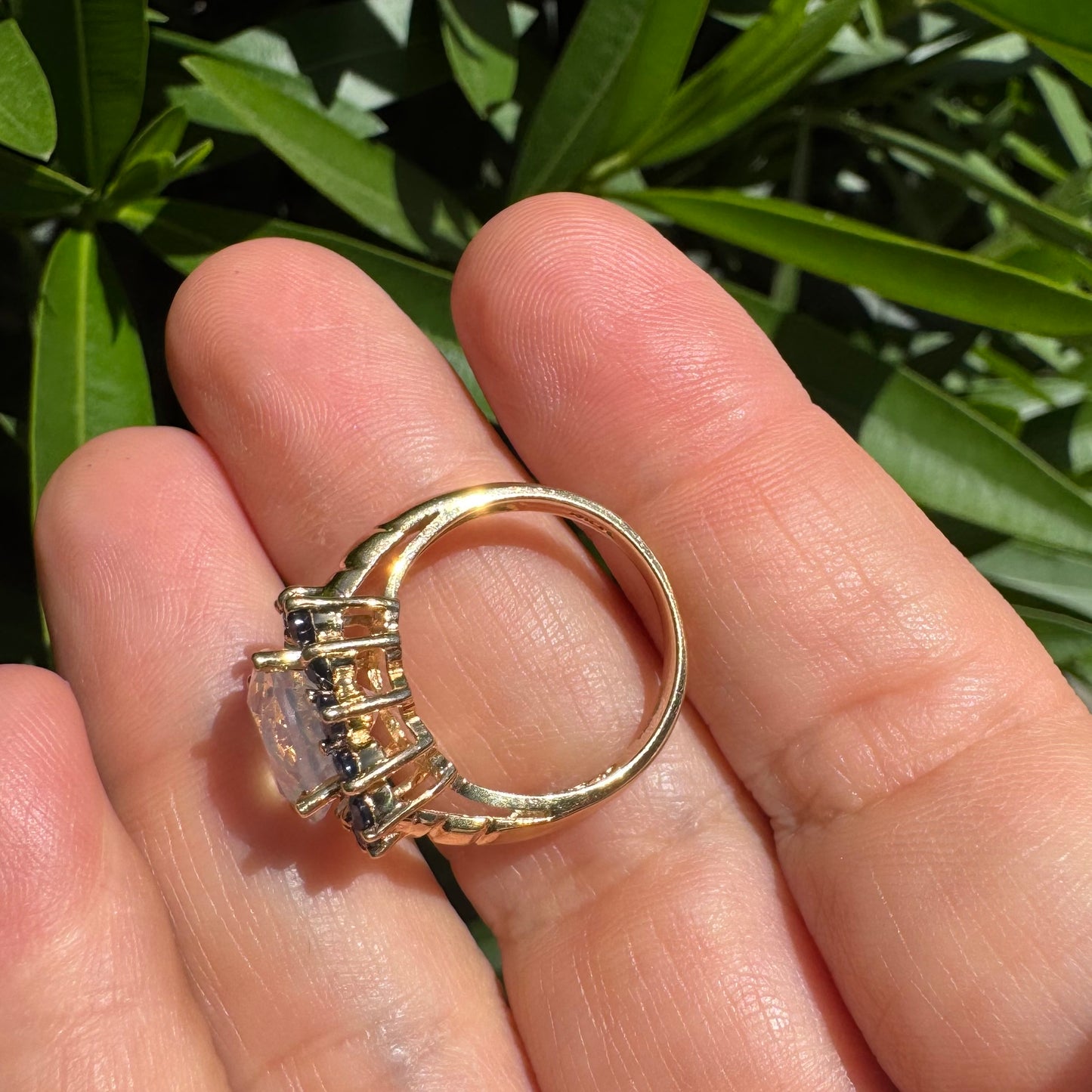 10K gold ring set with Light pink gemstone & Sapphire