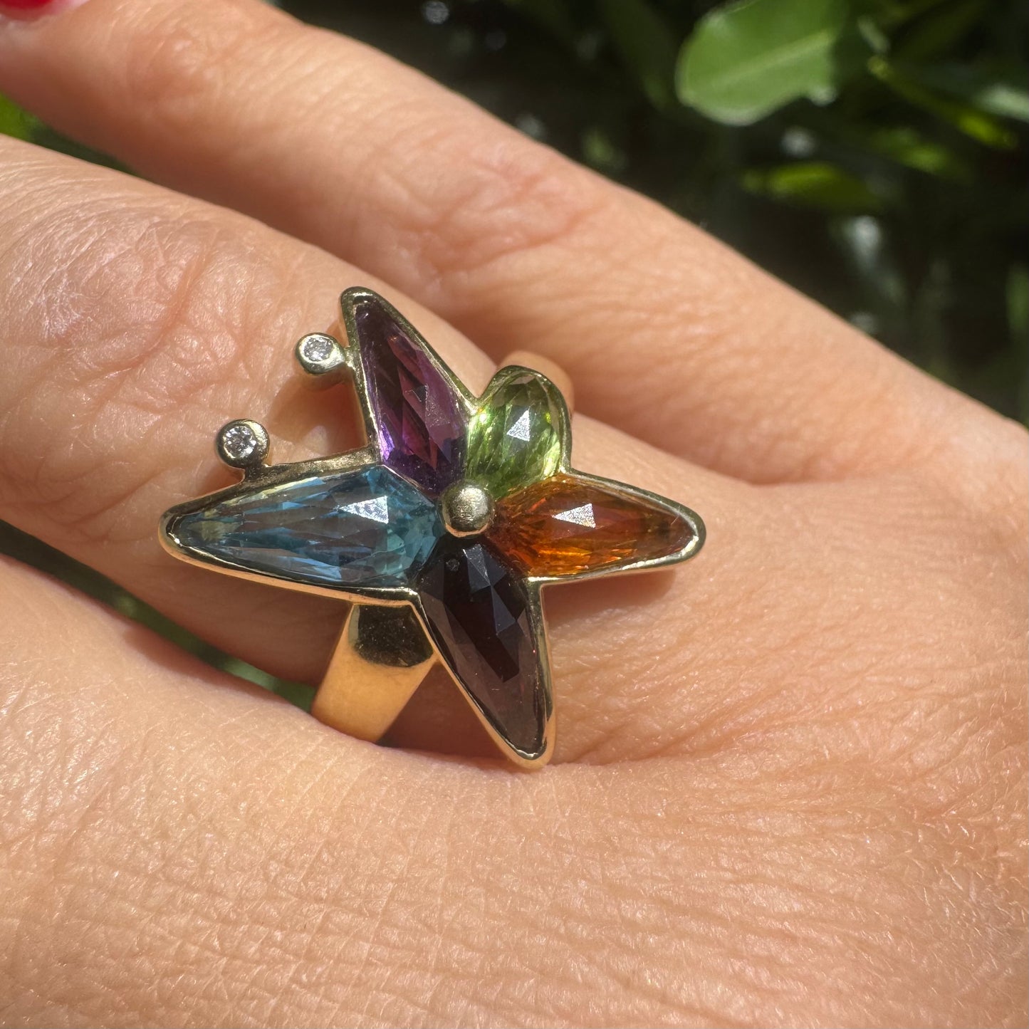 14K gold ring set with colorful gemstones in a butterfly design & Diamonds
