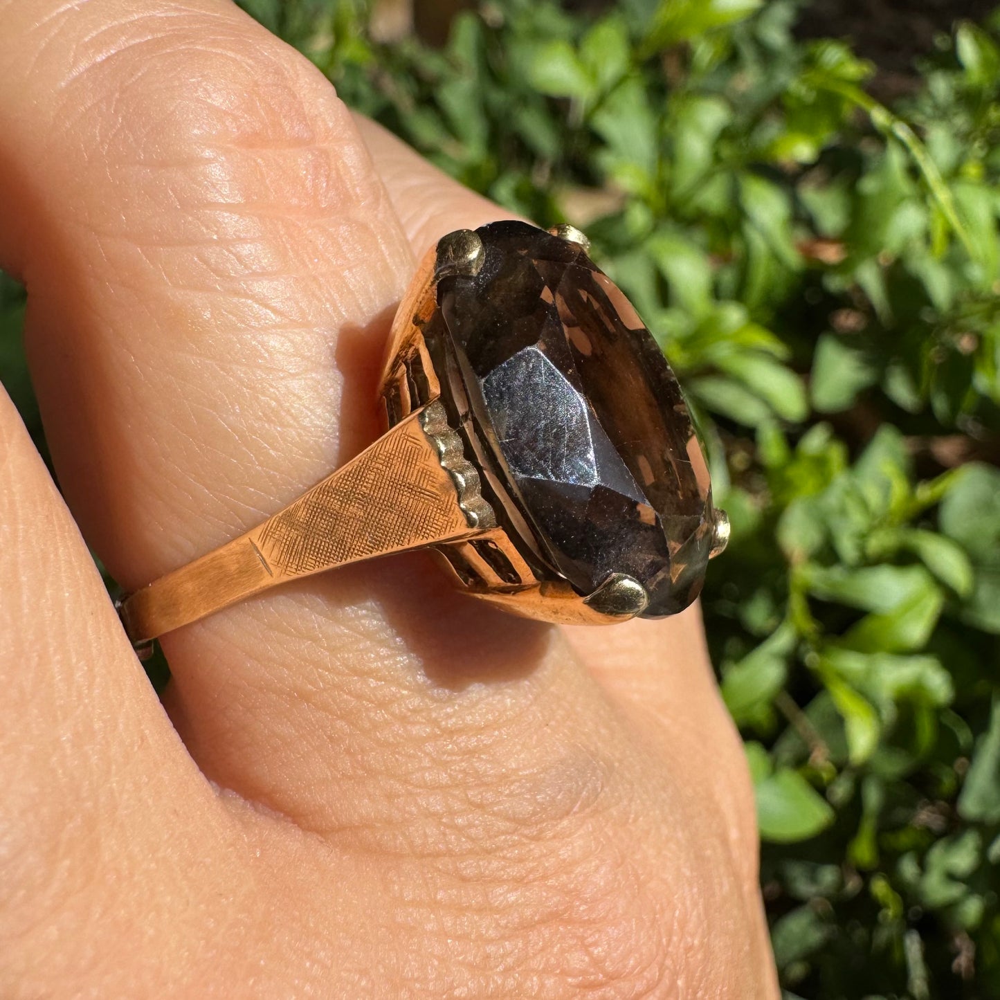 14K gold ring set with a striking Smoky Quartz in a deep, mysterious brown hue