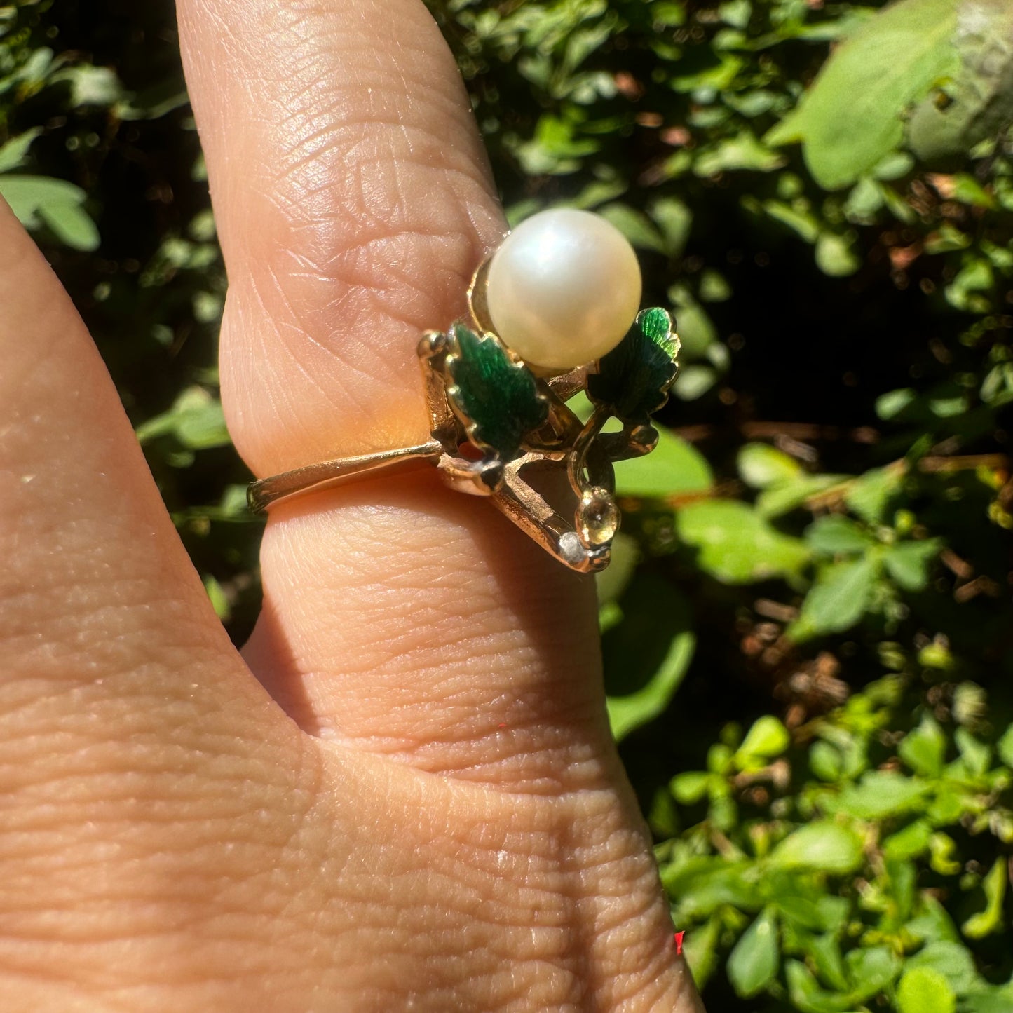14K gold ring set with Pearl & Green Enamel