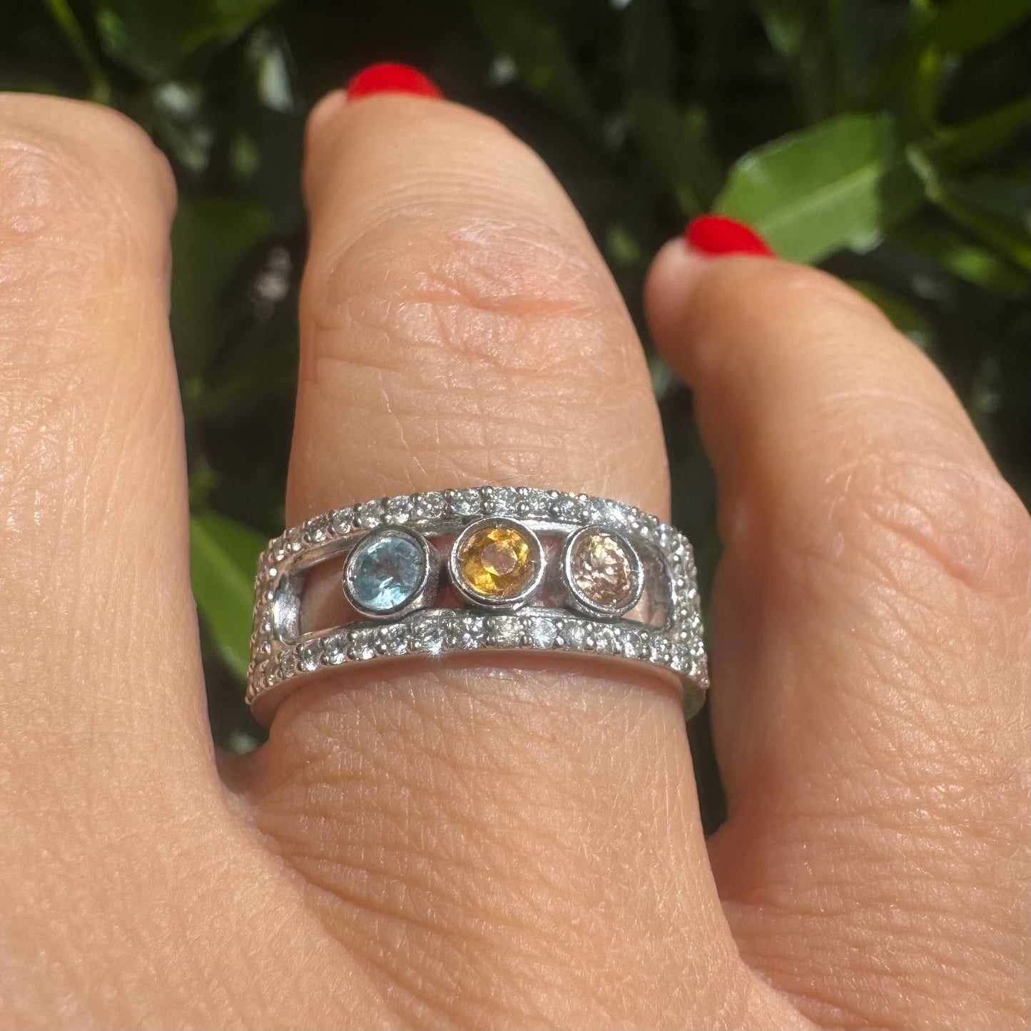 14K gold ring set with Aquamarine, Citrine and Rose Quartz, framed by a pave’ of sparkling diamonds