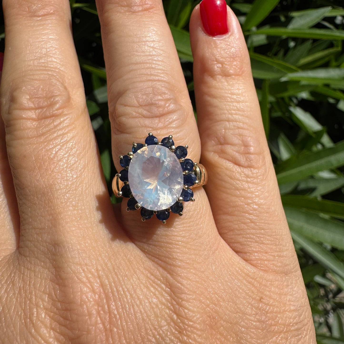 10K gold ring set with Light pink gemstone & Sapphire