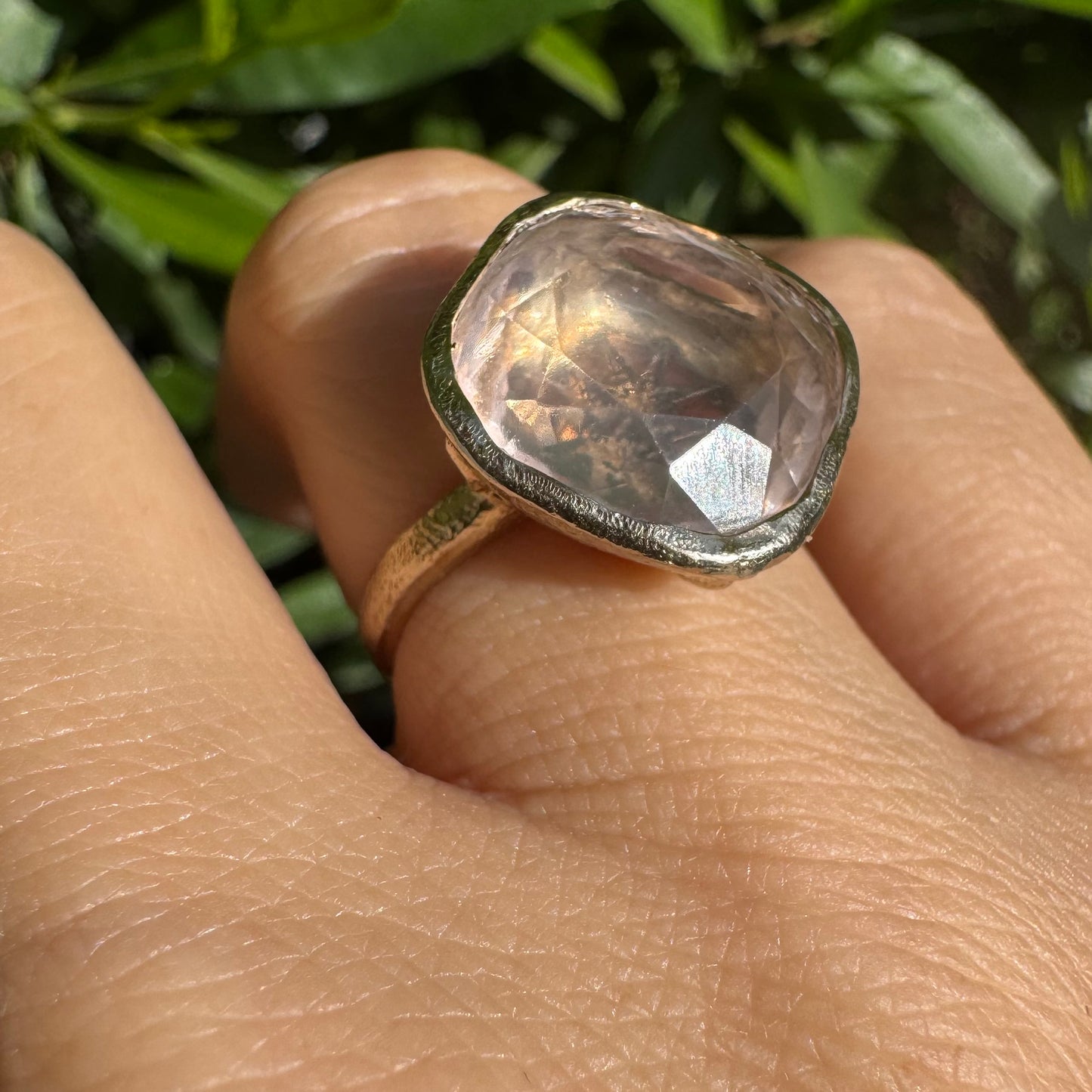 18K gold H.Stern ring set with a translucent Rose Quartz in a flat, cushion-style cut