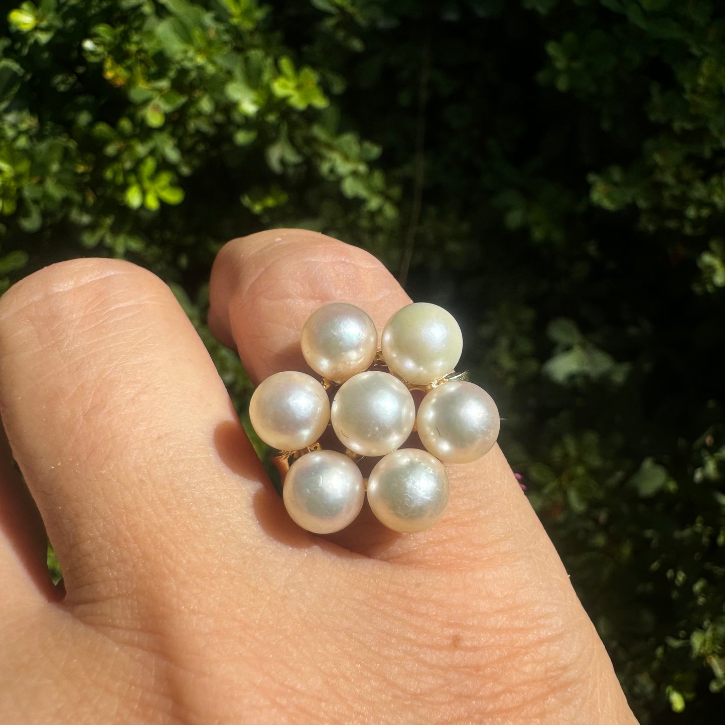 14K gold ring set with seven round Pearls in a bold floral cluster
