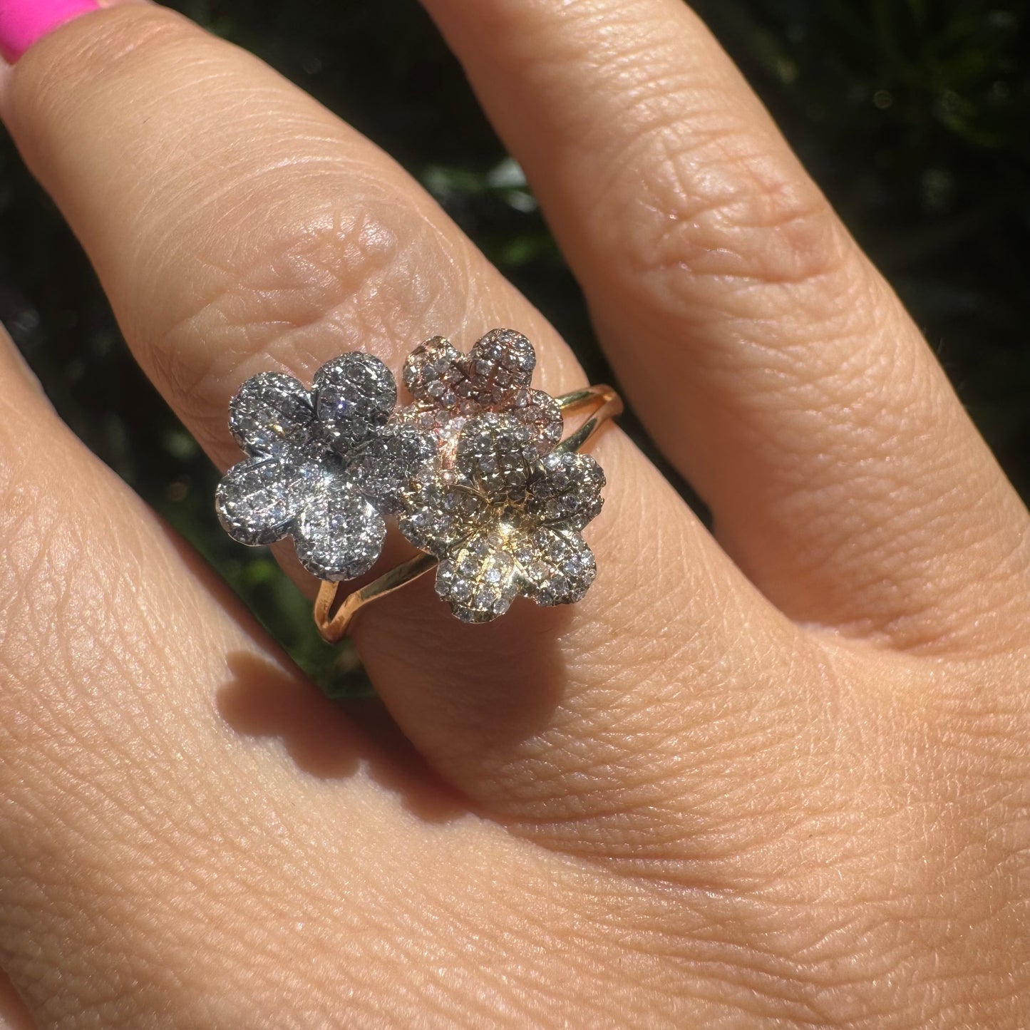 14K gold trio ring featuring white, yellow & rose gold blossoms, each encrusted with sparkling Diamonds.