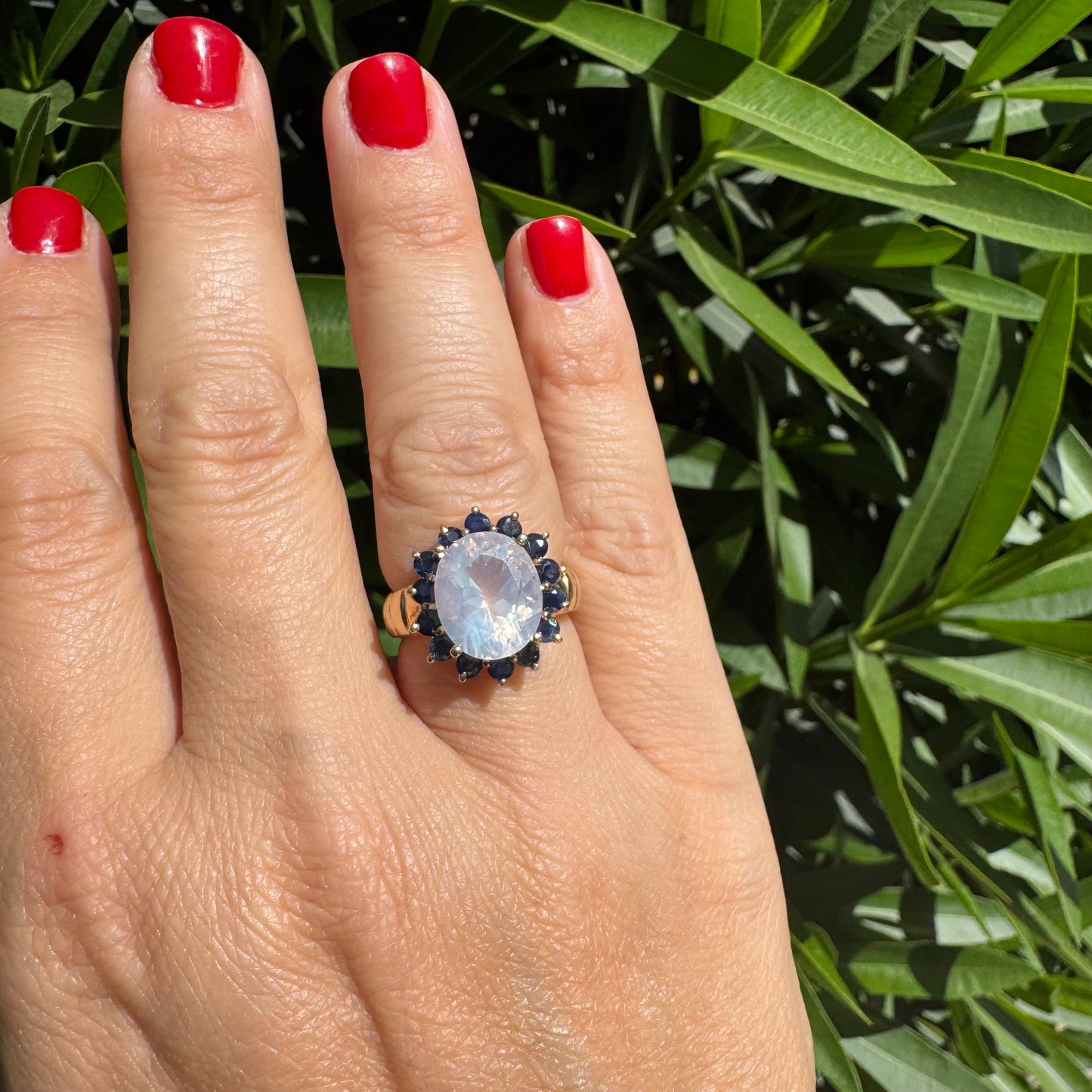 10K gold ring set with Light pink gemstone & Sapphire