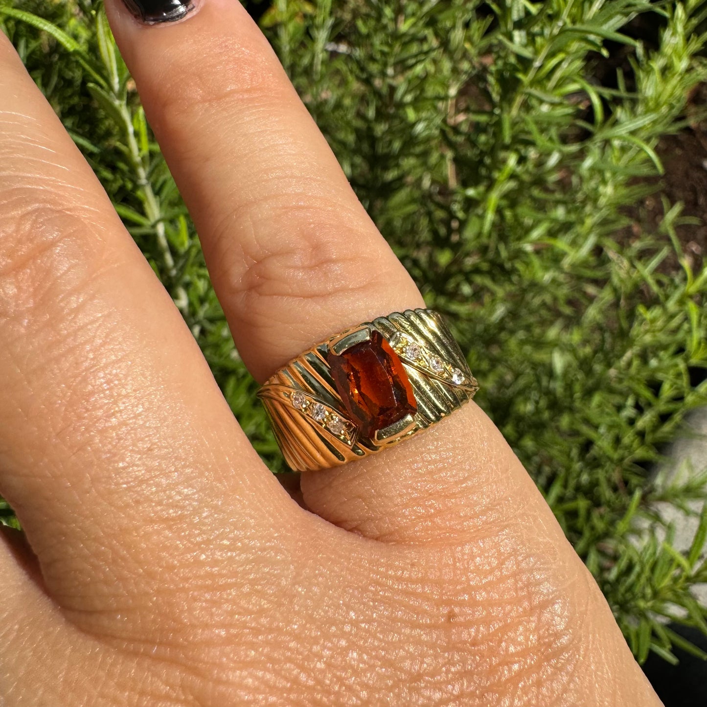 14K gold ring set with Citrine & Diamonds with a textured gold band