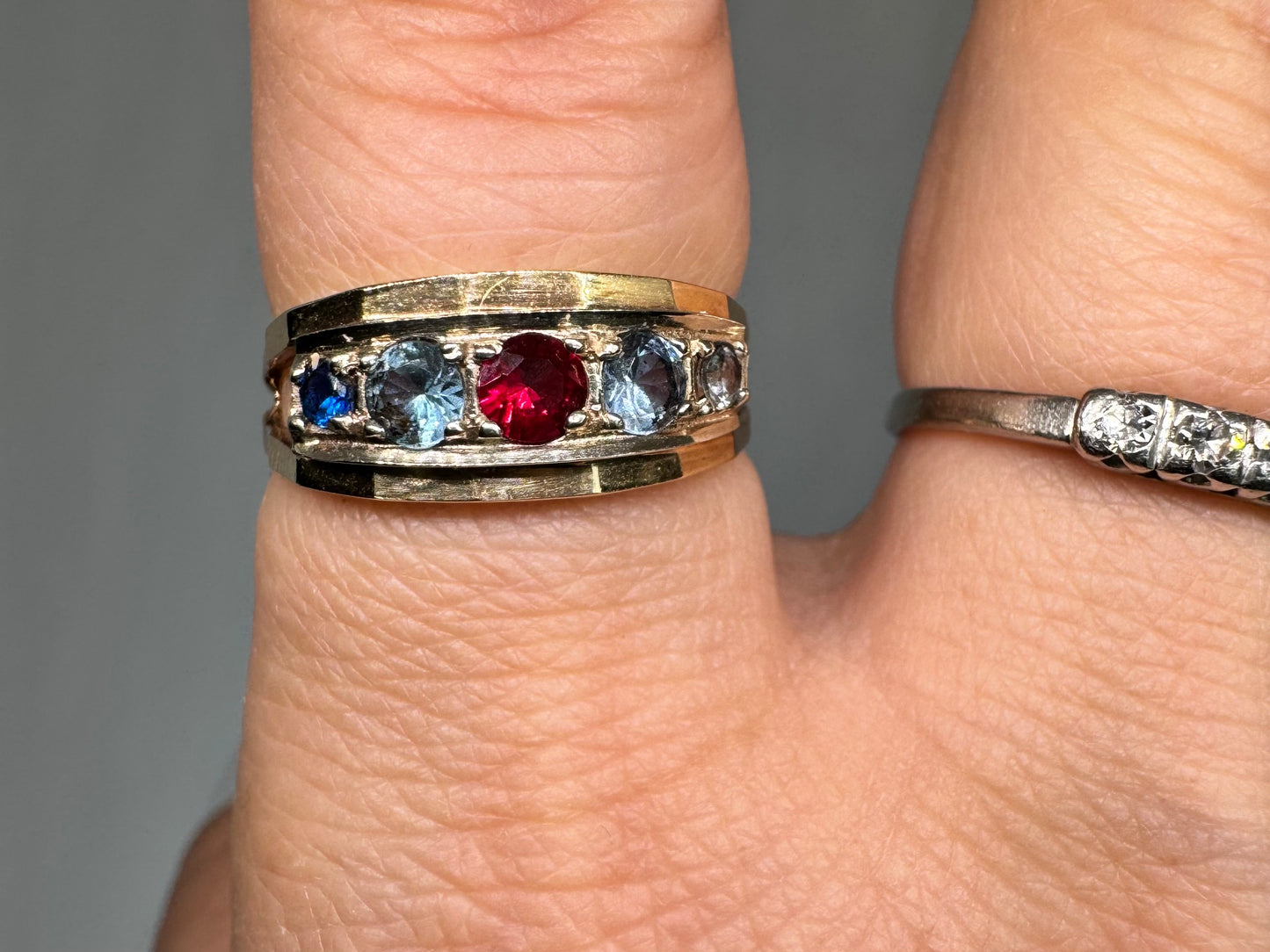 10K gold ring set with three stones-Ruby, Blue Topaz & Sapphire