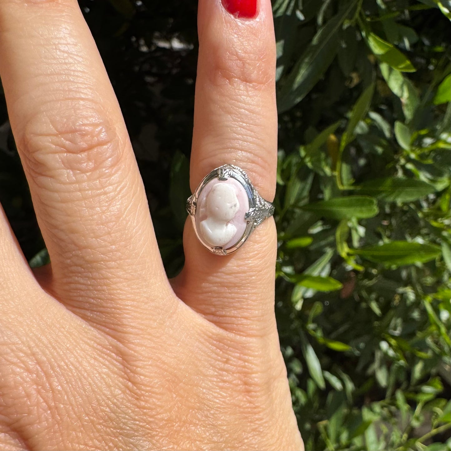 Platinum Cameo Ring set with a soft pink and white portrait