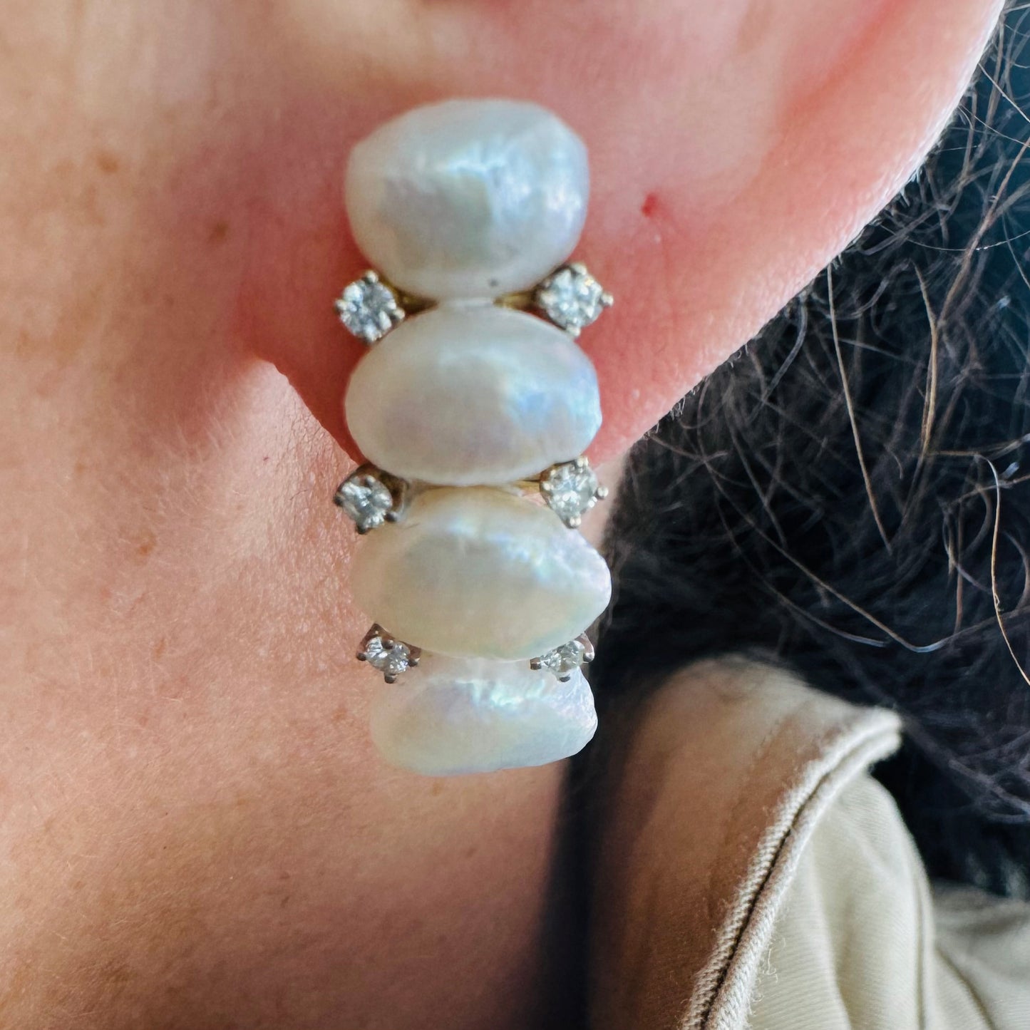 14K gold clip earrings set with Pearls & Diamonds